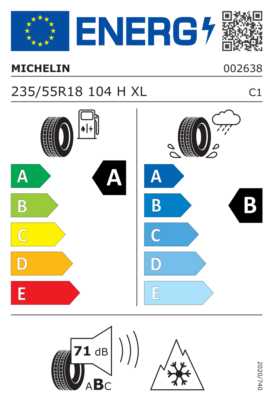 Eticheta energetică UE: Michelin Crossclimate 2 VOL 235/55 R18, consum A, frânare pe ud B, zgomot 71 dB