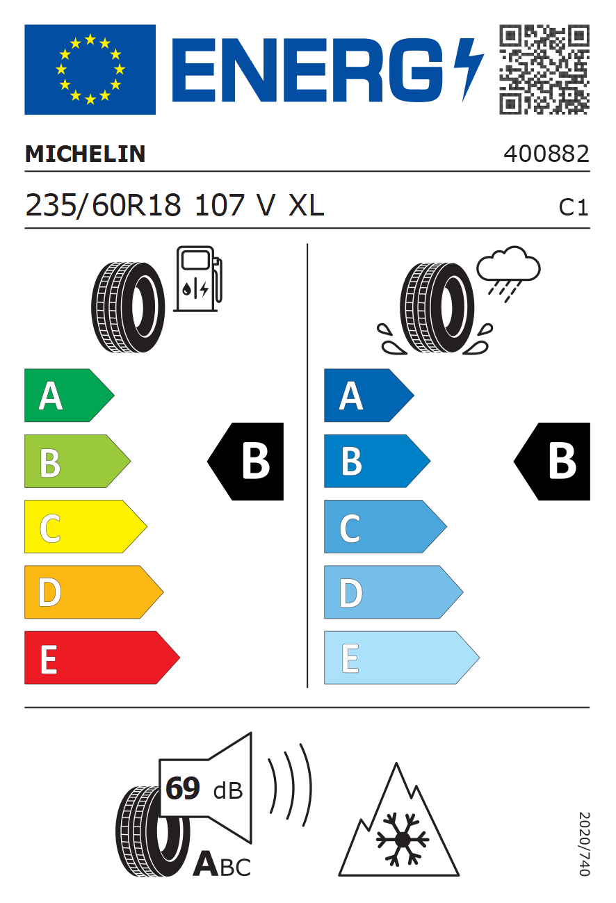 Eticheta energetică UE: Michelin Crossclimate SUV 235/60 R18, consum B, frânare pe ud B, zgomot 69 dB