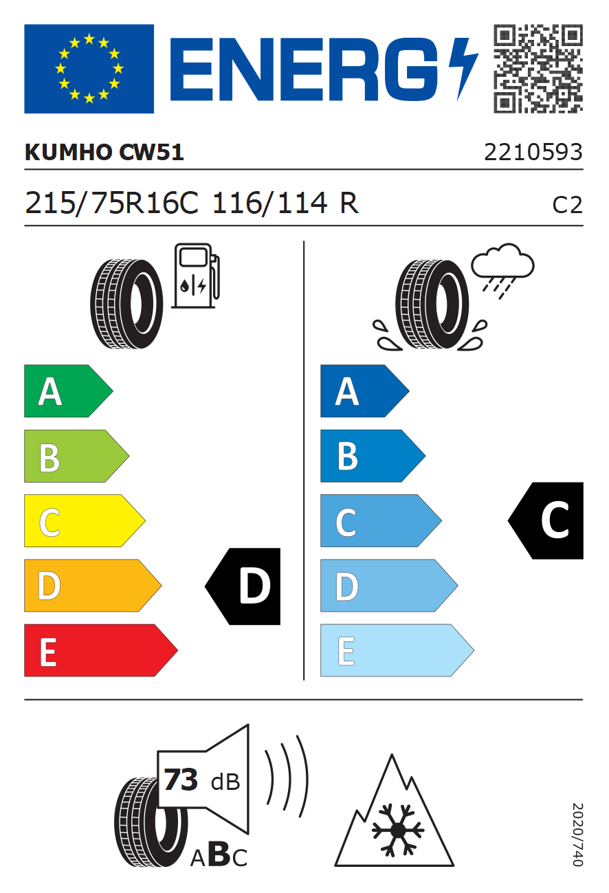 Eticheta energetică UE: Kumho Portran CW51 215/75 R16, consum D, frânare pe ud C, zgomot 73 dB