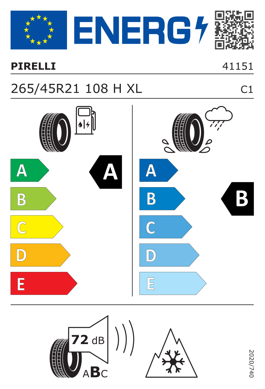 Eticheta energetică UE: Pirelli Scorpion All Season SF2(VOL) 265/45 R21, consum A, frânare pe ud B, zgomot 72 dB