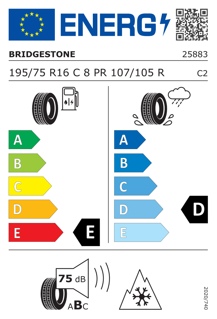 Eticheta energetică UE: Bridgestone Blizzak W995 8PR 195/75 R16, consum E, frânare pe ud D, zgomot 75 dB