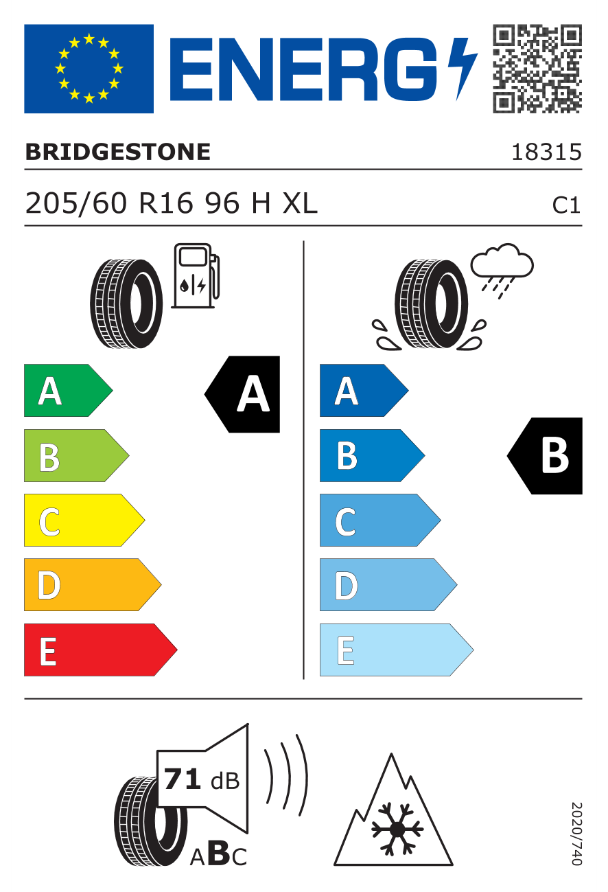 Eticheta energetică UE: Bridgestone Weather Control A005 205/60 R16, consum A, frânare pe ud B, zgomot 71 dB