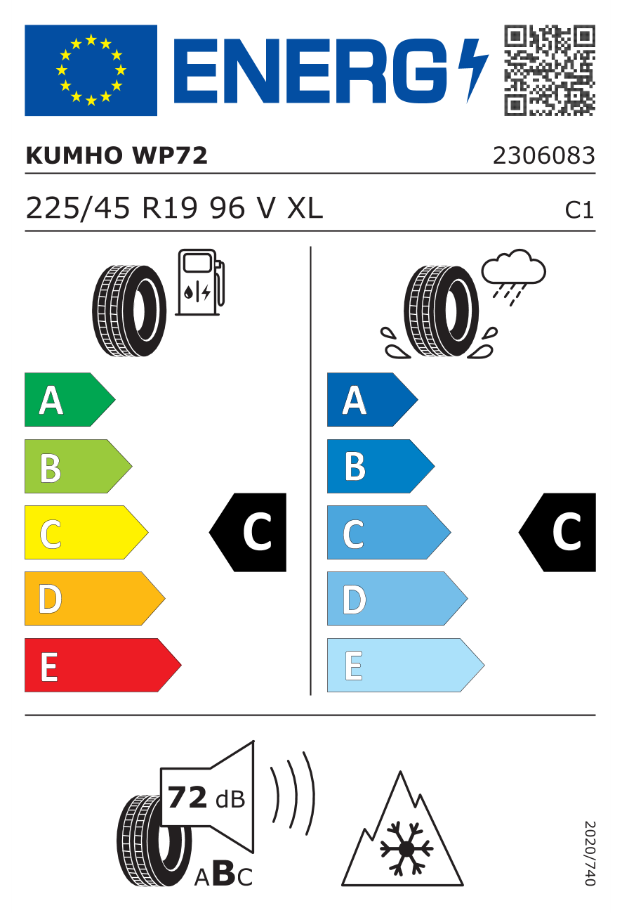 Eticheta energetică UE: Kumho WP72 225/45 R19, consum C, frânare pe ud C, zgomot 72 dB