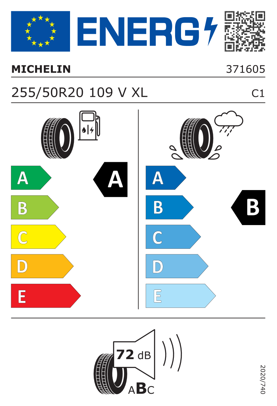 Eticheta energetică UE: Michelin E Primacy POL 255/50 R20, consum A, frânare pe ud B, zgomot 72 dB
