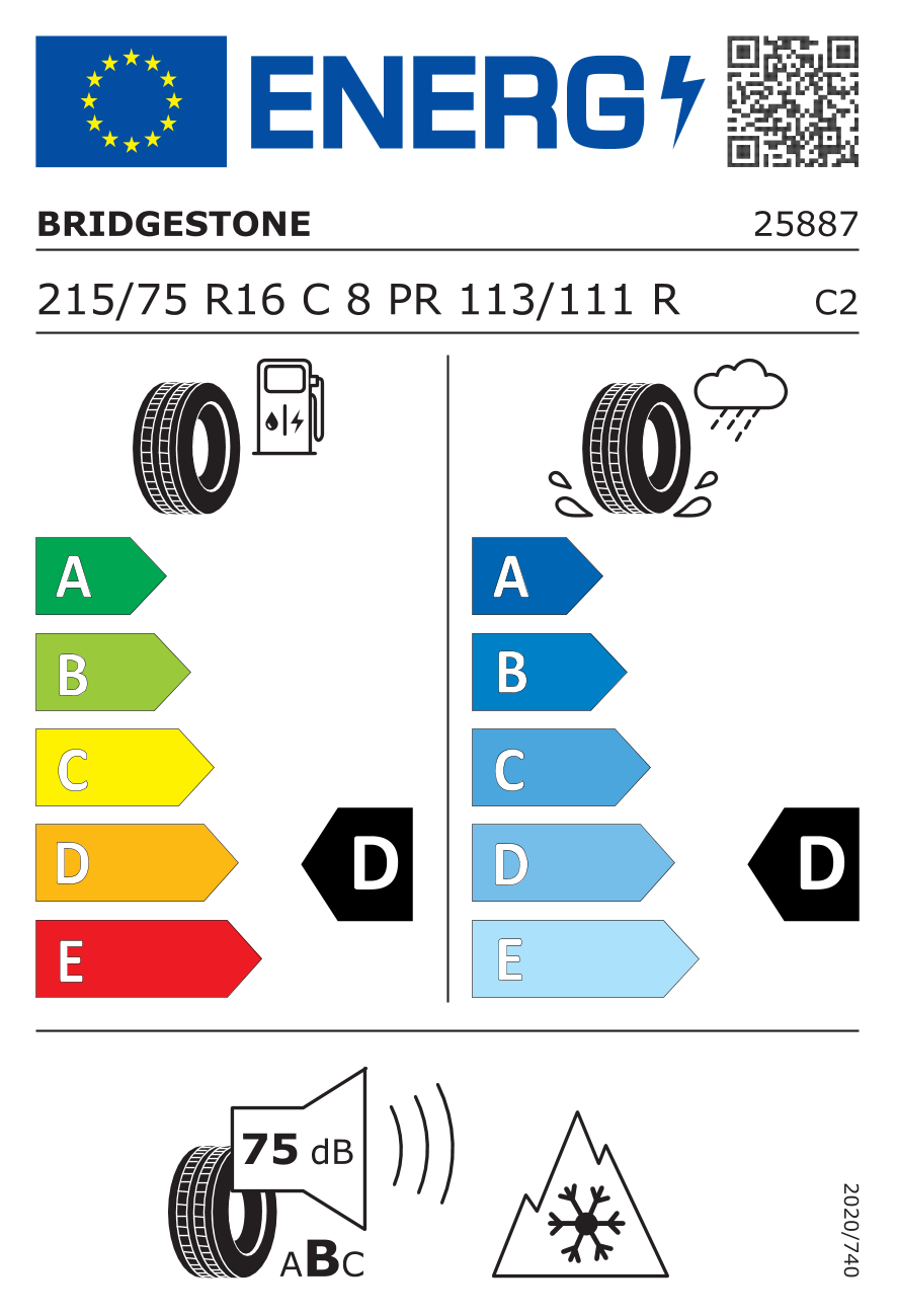Eticheta energetică UE: Bridgestone Blizzak W995 8PR 215/75 R16, consum D, frânare pe ud D, zgomot 75 dB