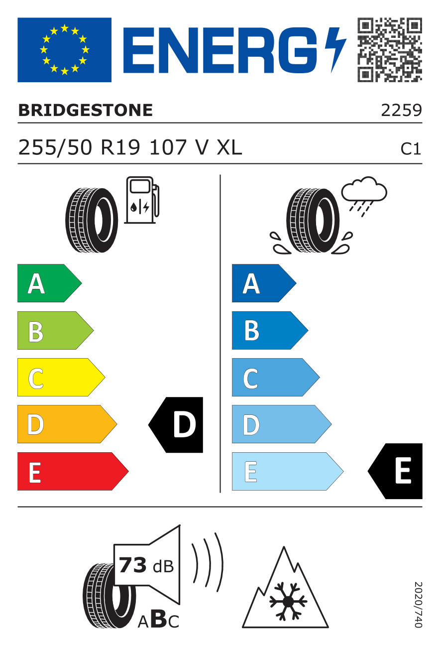 Eticheta energetică UE: Bridgestone Blizzak LM25 4X4 255/50 R19, consum D, frânare pe ud E, zgomot 73 dB