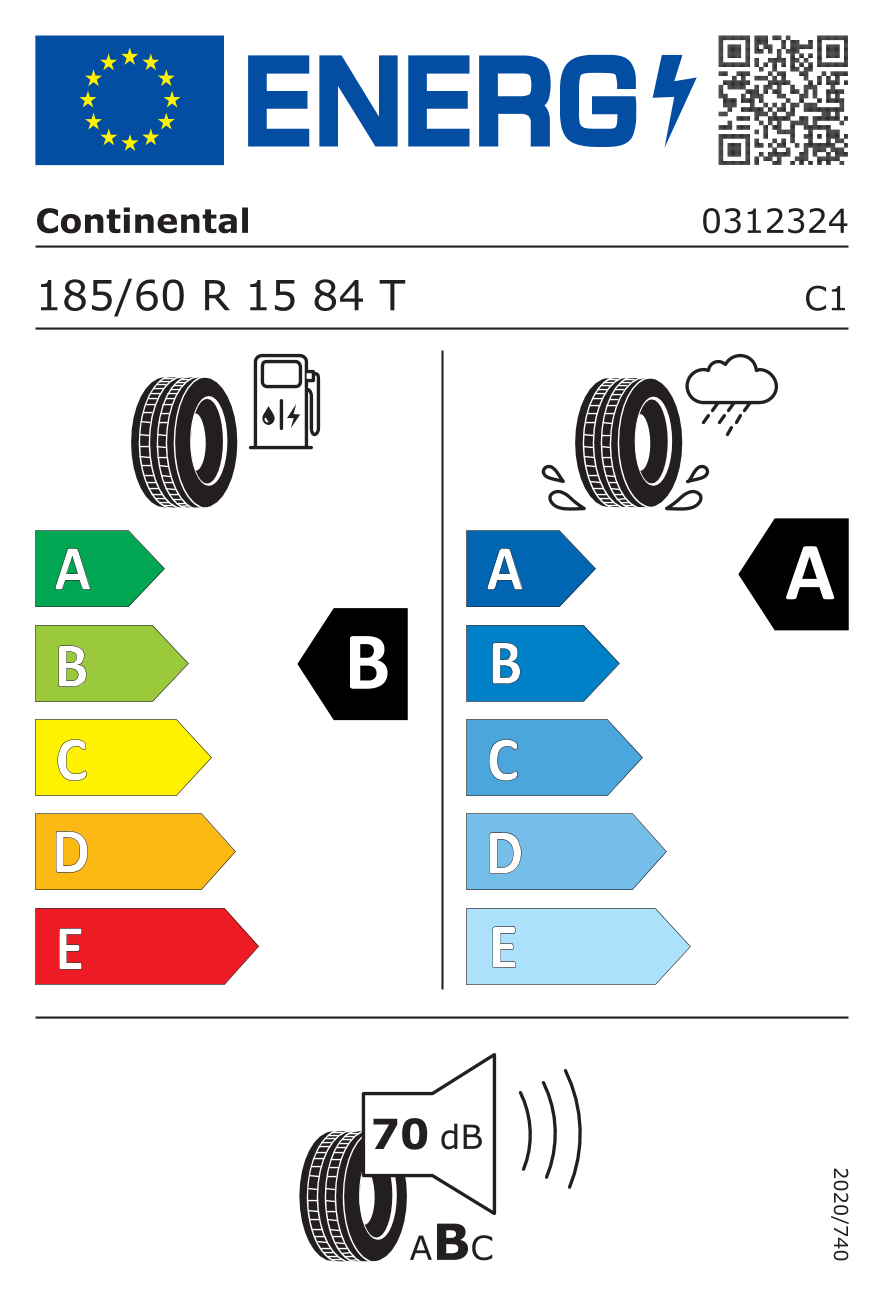 Eticheta energetică UE: Continental Ultracontact 185/60 R15, consum B, frânare pe ud A, zgomot 70 dB