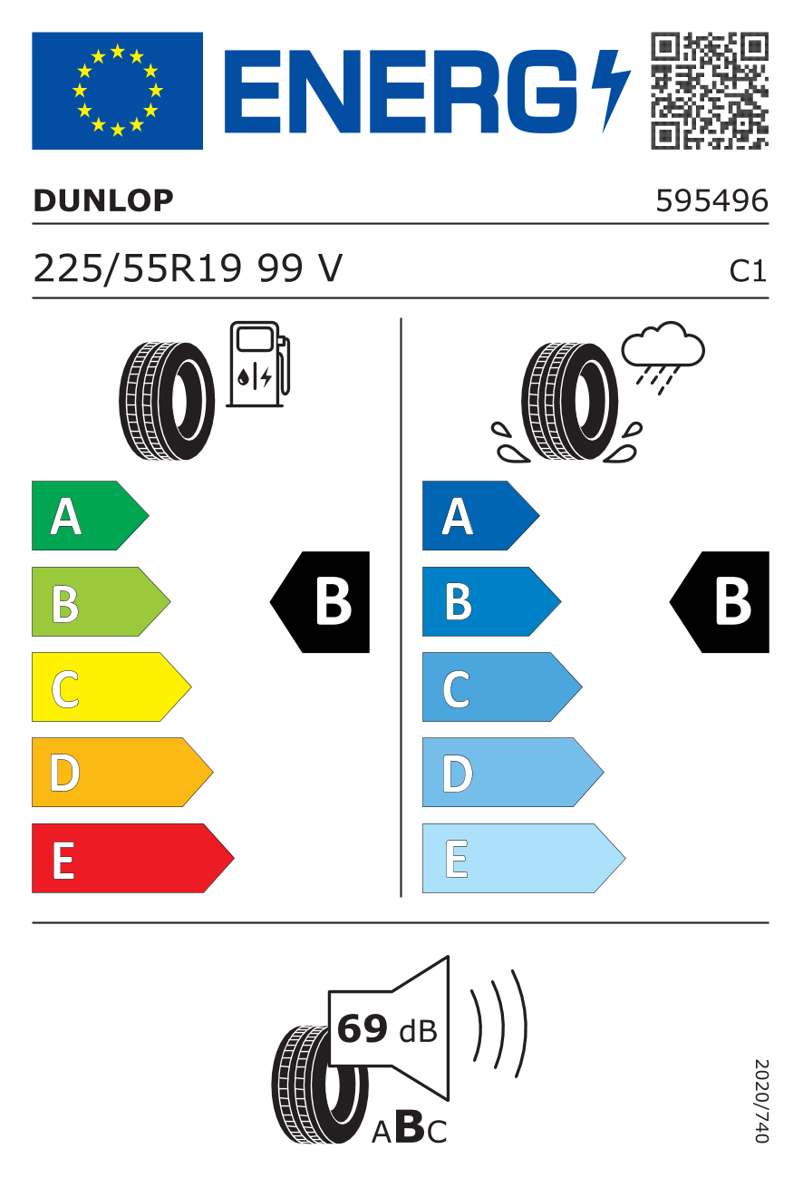 Eticheta energetică UE: Dunlop Sport Response 225/55 R19, consum B, frânare pe ud B, zgomot 69 dB