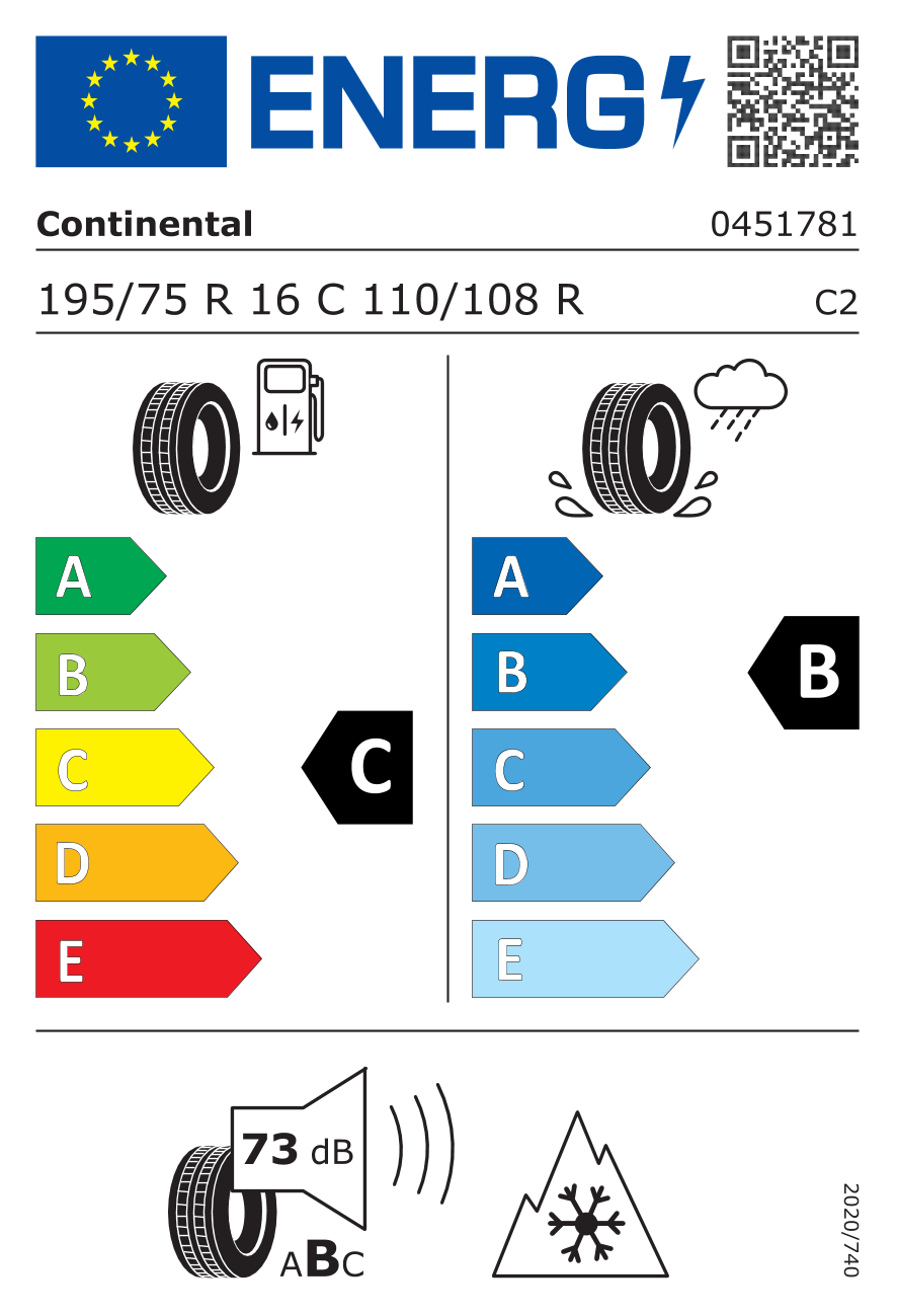Eticheta energetică UE: Continental Vancontact AS Ultra 10PR 195/75 R16, consum C, frânare pe ud B, zgomot 73 dB
