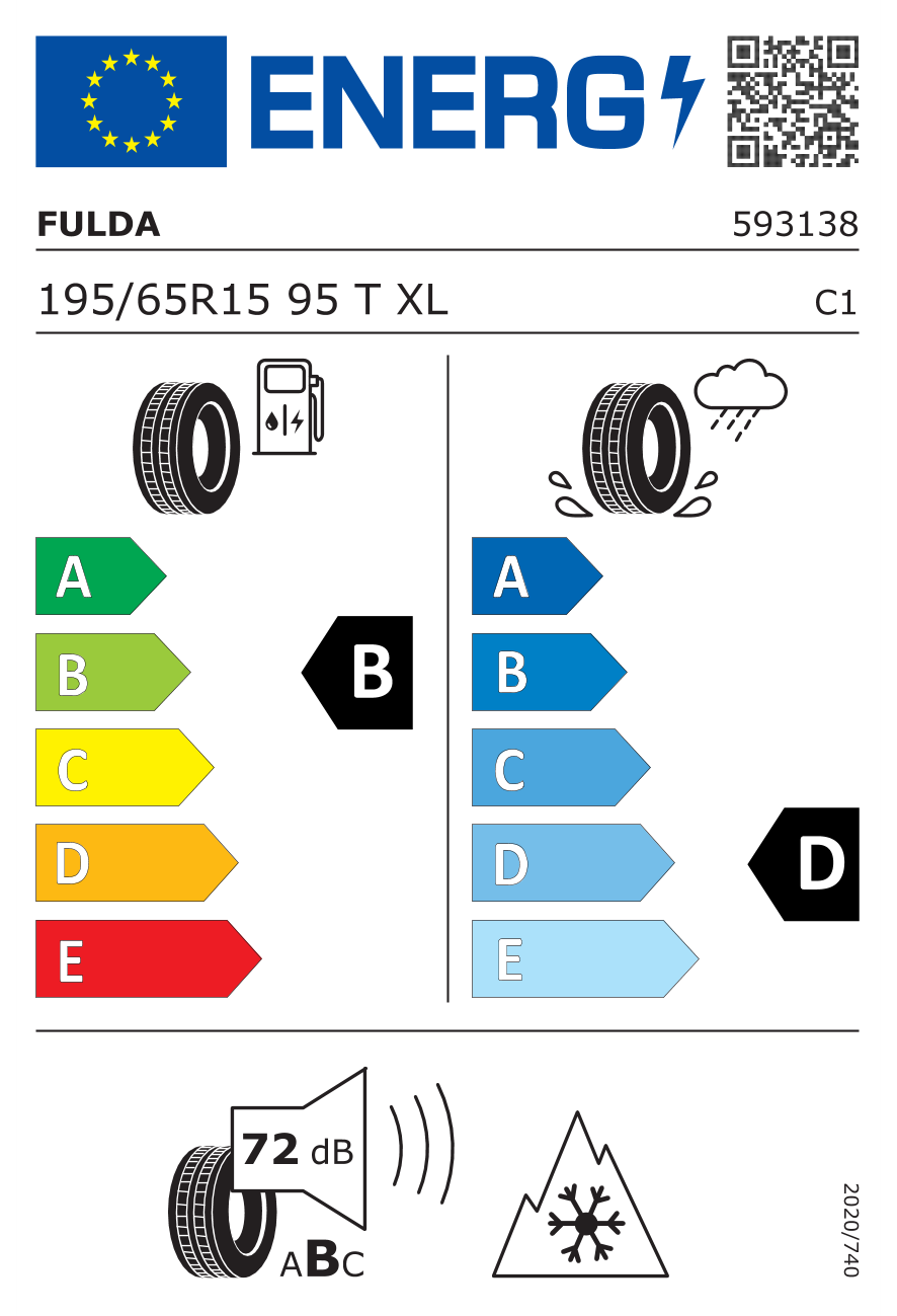 Eticheta energetică UE: Fulda Kristall Montero 3 195/65 R15, consum B, frânare pe ud D, zgomot 72 dB