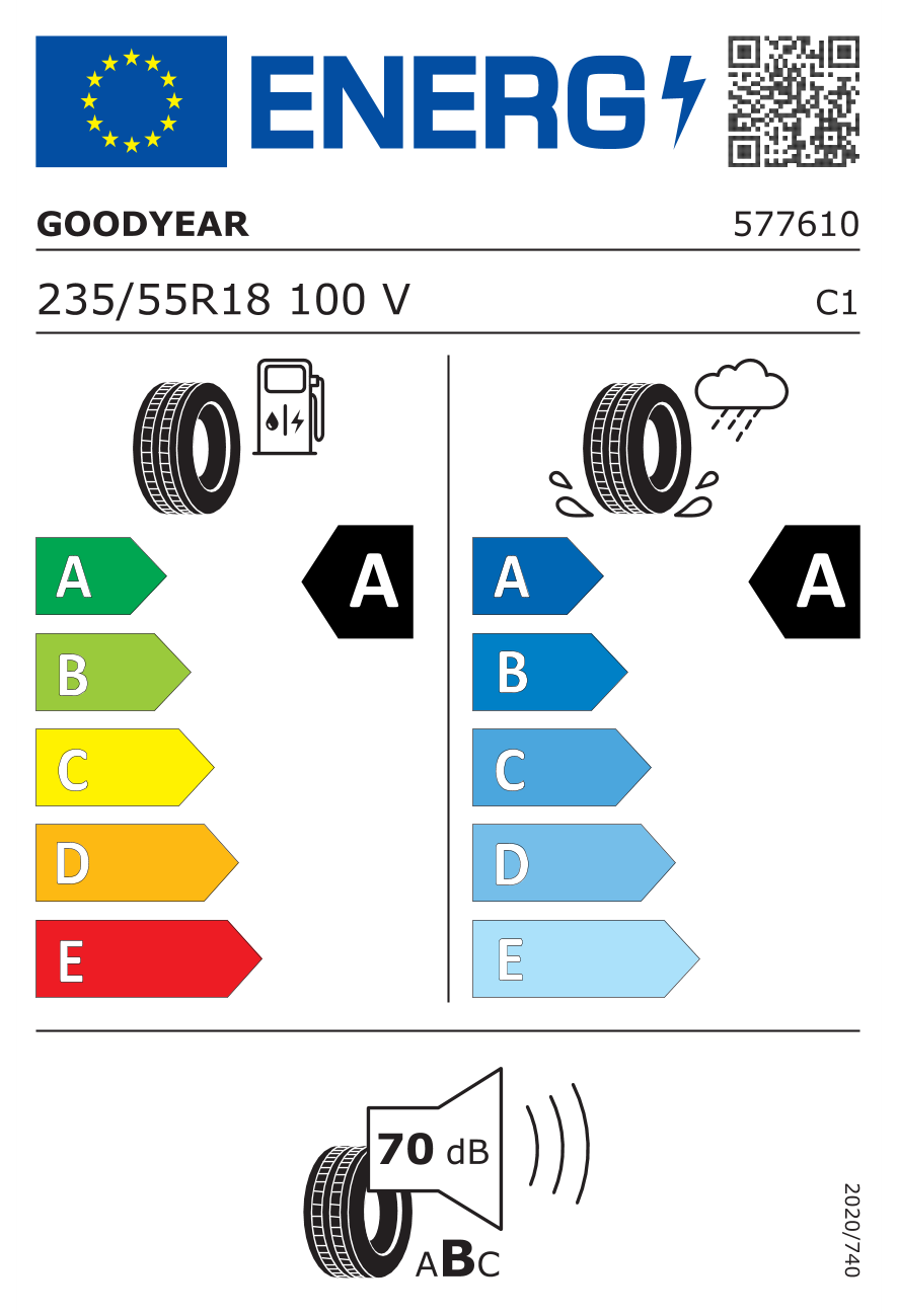 Eticheta energetică UE: Goodyear Eagle F1 Asymmetric 3 235/55 R18, consum A, frânare pe ud A, zgomot 70 dB