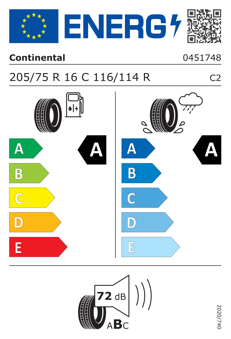 Eticheta energetică UE: Continental Vancontact Eco 205/75 R16, consum A, frânare pe ud A, zgomot 72 dB