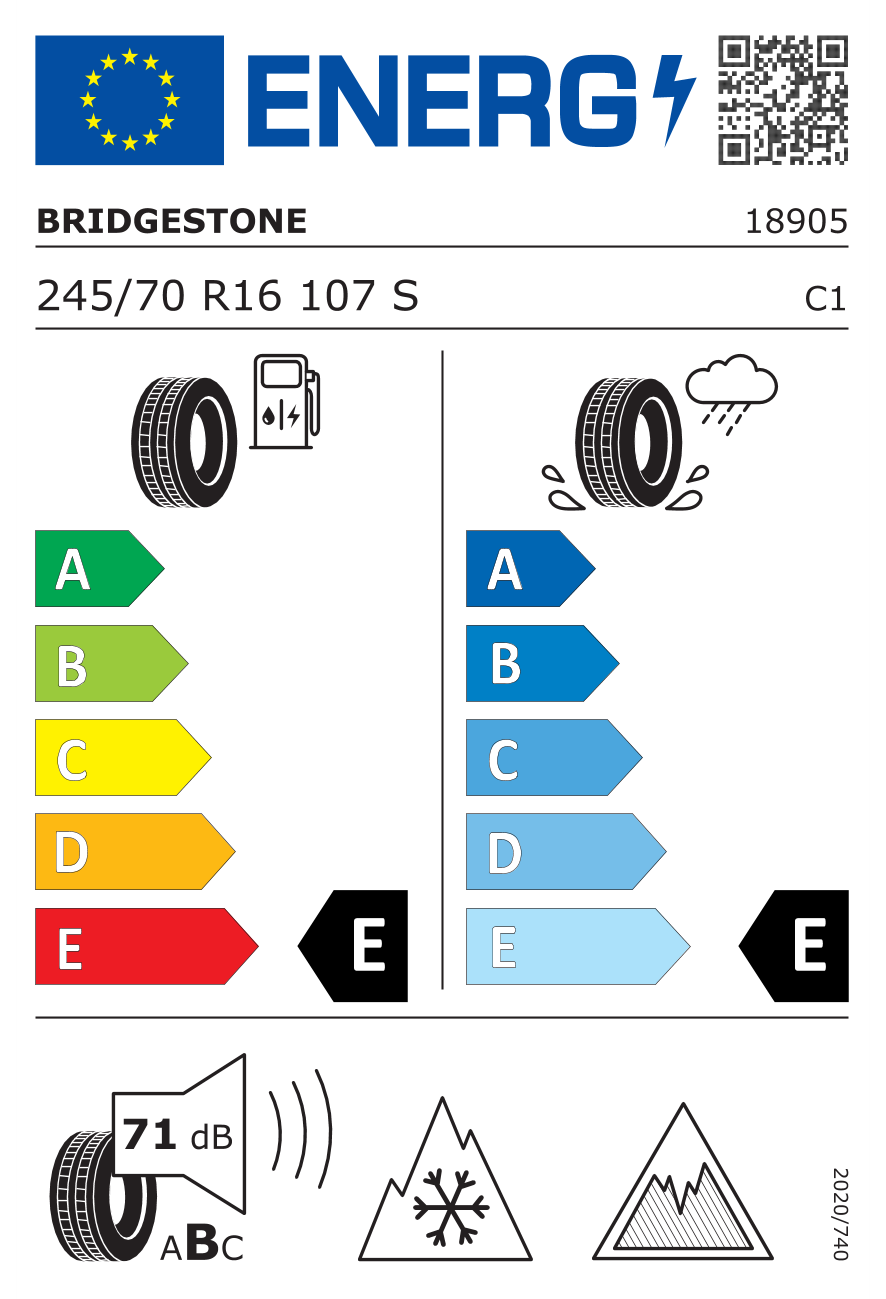 Eticheta energetică UE: Bridgestone Blizzak DM-V3 245/70 R16, consum E, frânare pe ud E, zgomot 71 dB