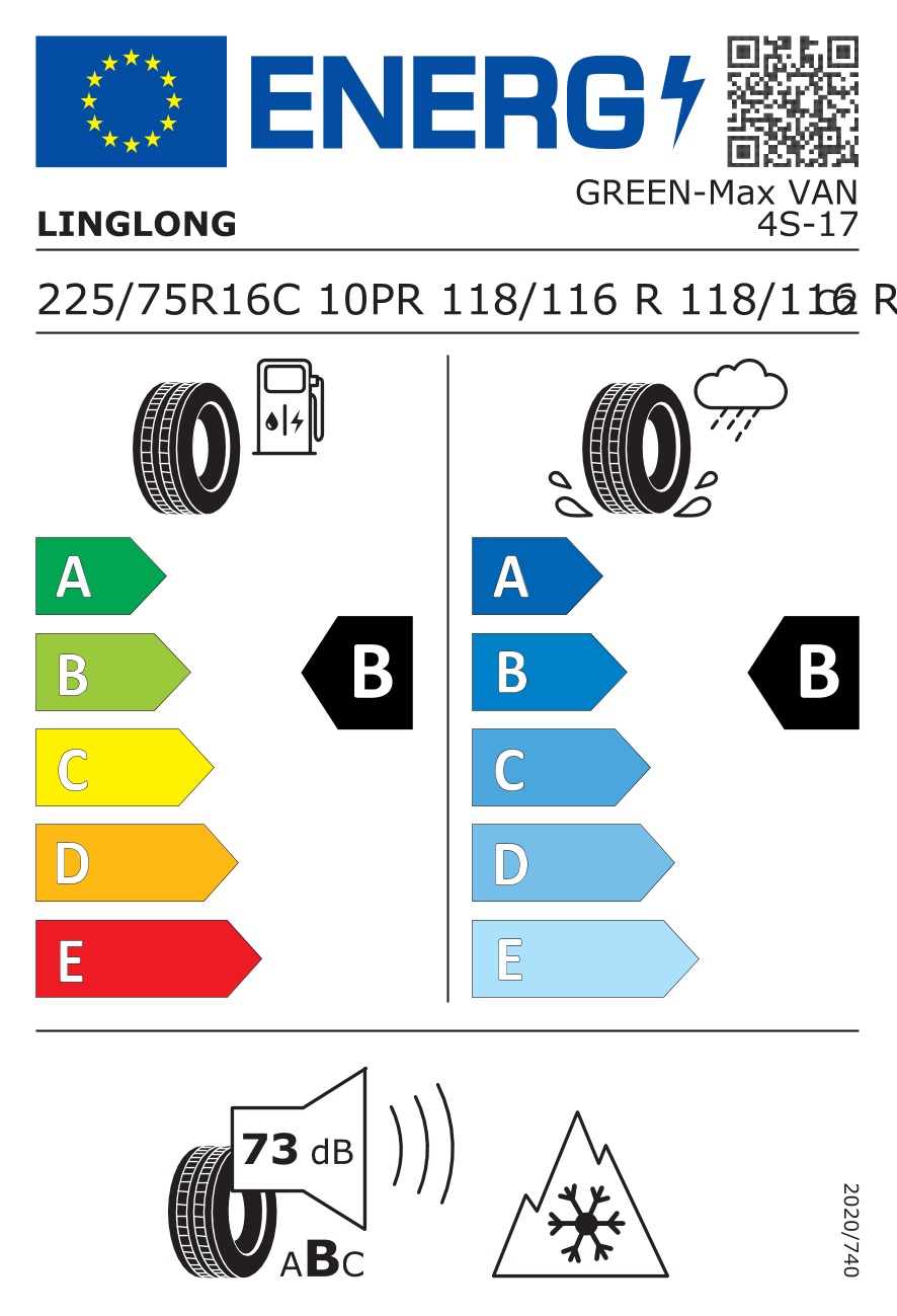 Eticheta energetică UE: Linglong Greenmax VAN 4SEASON 10PR 225/75 R16, consum B, frânare pe ud B, zgomot 73 dB