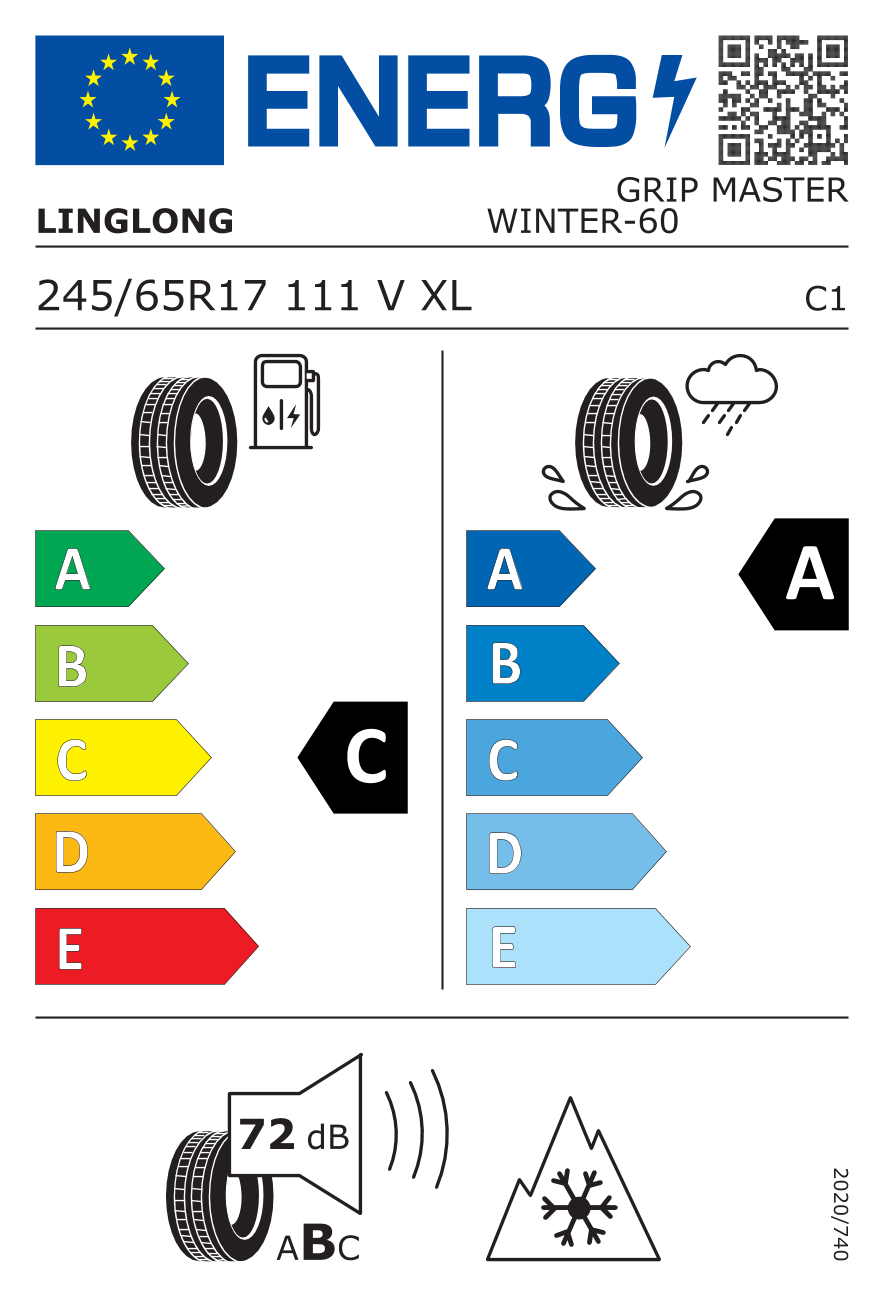 Eticheta energetică UE: Linglong Grip Master Winter 245/65 R17, consum C, frânare pe ud A, zgomot 72 dB