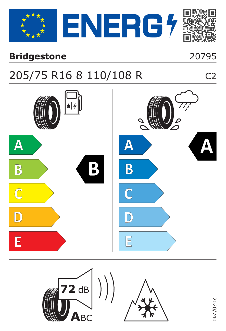 Eticheta energetică UE: Bridgestone Duravis All Season Evo 8PR 205/75 R16, consum B, frânare pe ud A, zgomot 72 dB