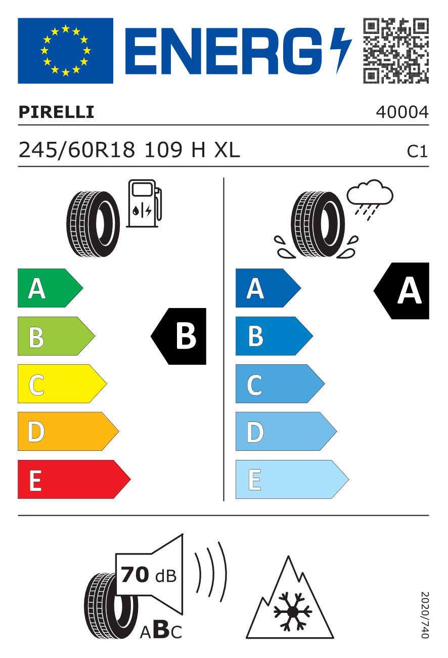 Eticheta energetică UE: Pirelli Scorpion All Season SF2 245/60 R18, consum B, frânare pe ud A, zgomot 70 dB