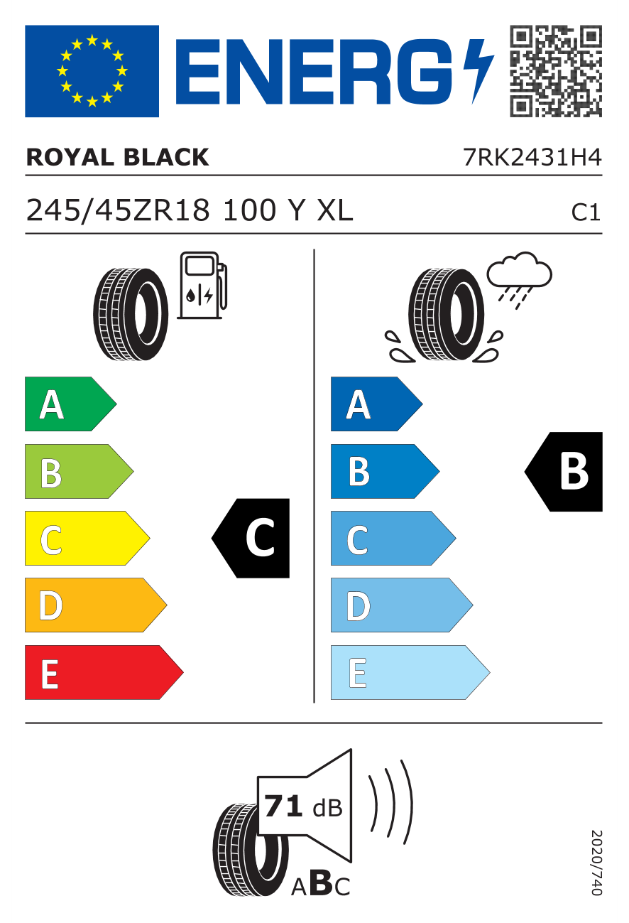 Eticheta energetică UE: Royal Black Royal Explorer II 245/45 R18, consum C, frânare pe ud B, zgomot 71 dB