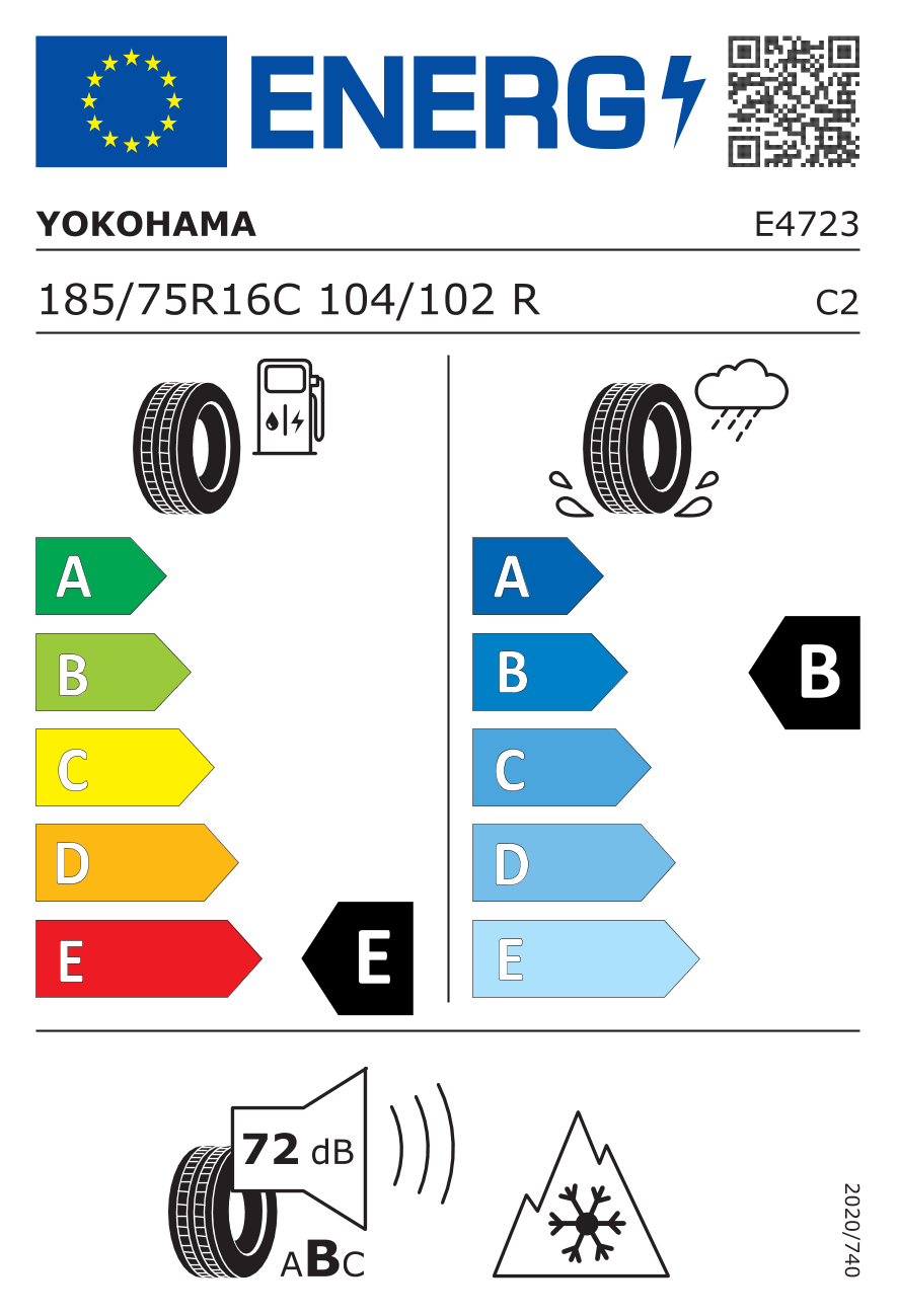 Eticheta energetică UE: Yokohama WY01 185/75 R16, consum E, frânare pe ud B, zgomot 72 dB