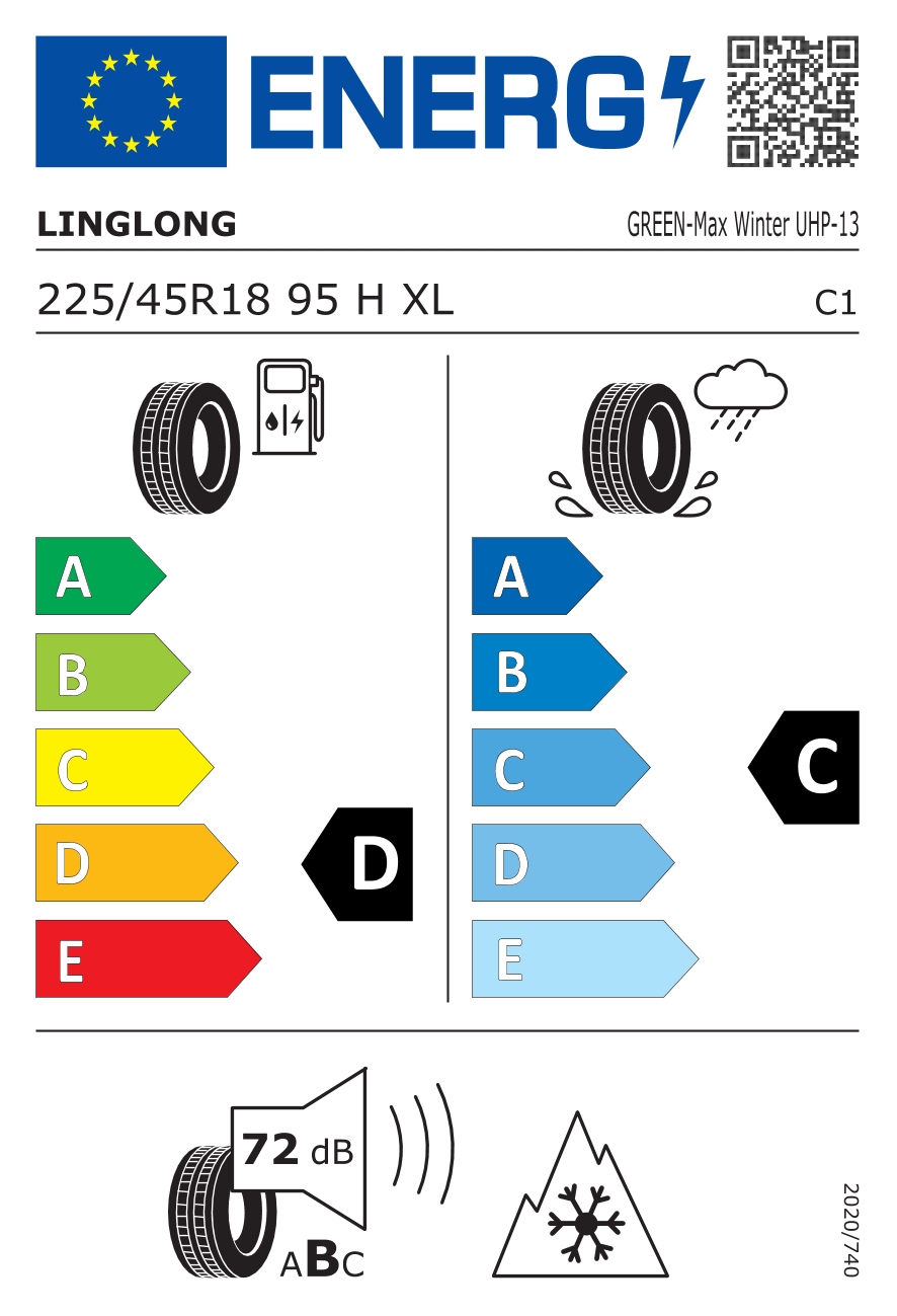 Eticheta energetică UE: Linglong Green-max Winter UHP 225/45 R18, consum D, frânare pe ud C, zgomot 72 dB