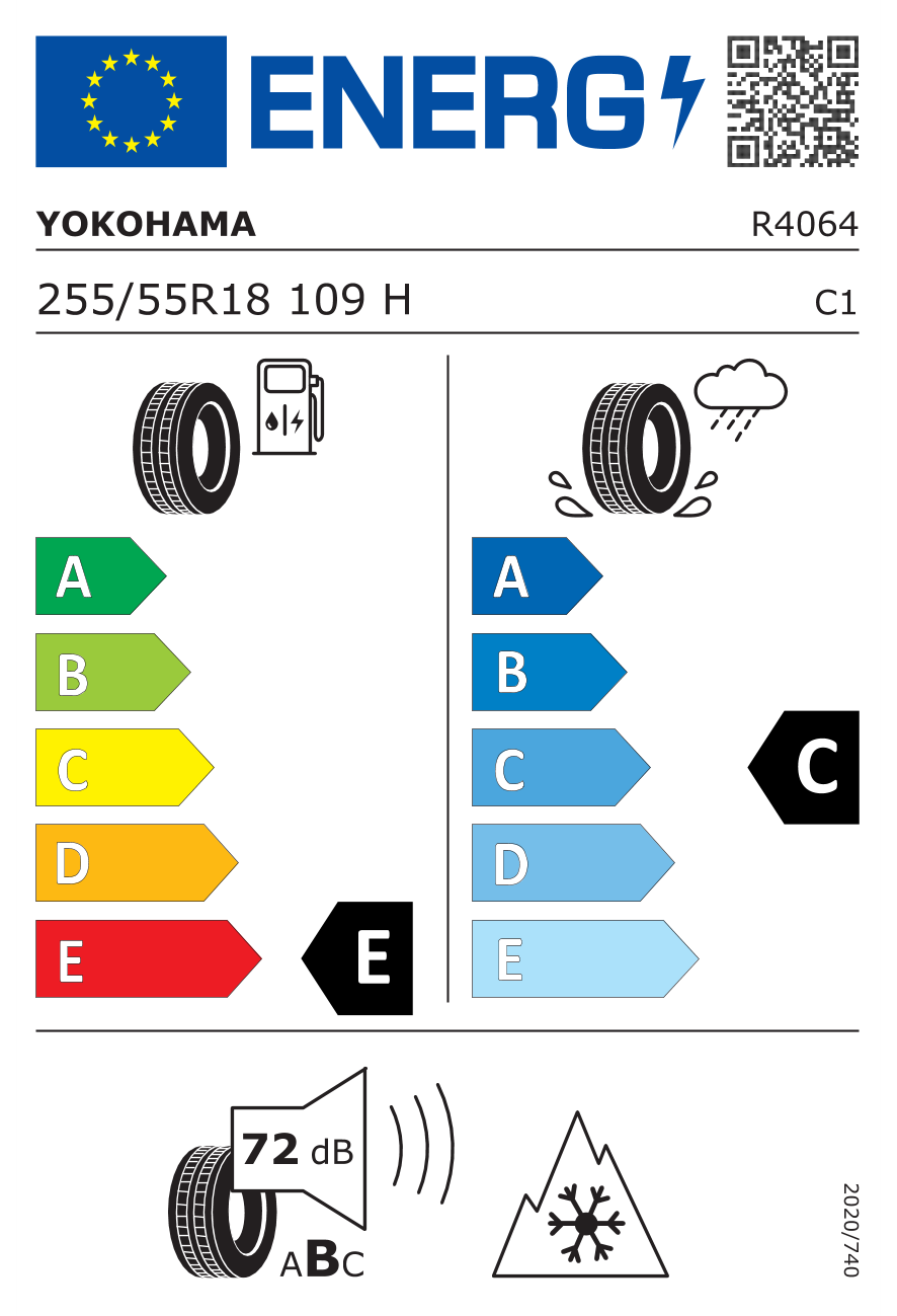 Eticheta energetică UE: Yokohama Geolandar AT G015 255/55 R18, consum E, frânare pe ud C, zgomot 72 dB