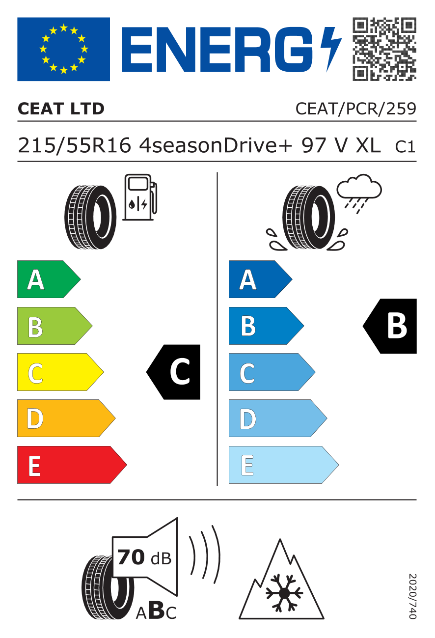 Eticheta energetică UE: Ceat 4SEASONDRIVE+ 215/55 R16, consum C, frânare pe ud B, zgomot 70 dB