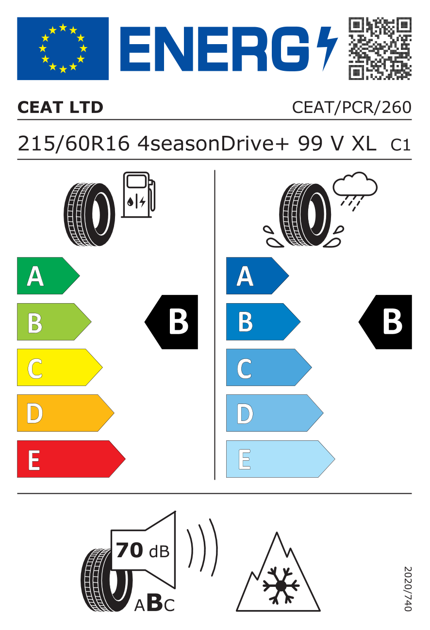 Eticheta energetică UE: Ceat 4SEASONDRIVE+ 215/60 R16, consum B, frânare pe ud B, zgomot 70 dB