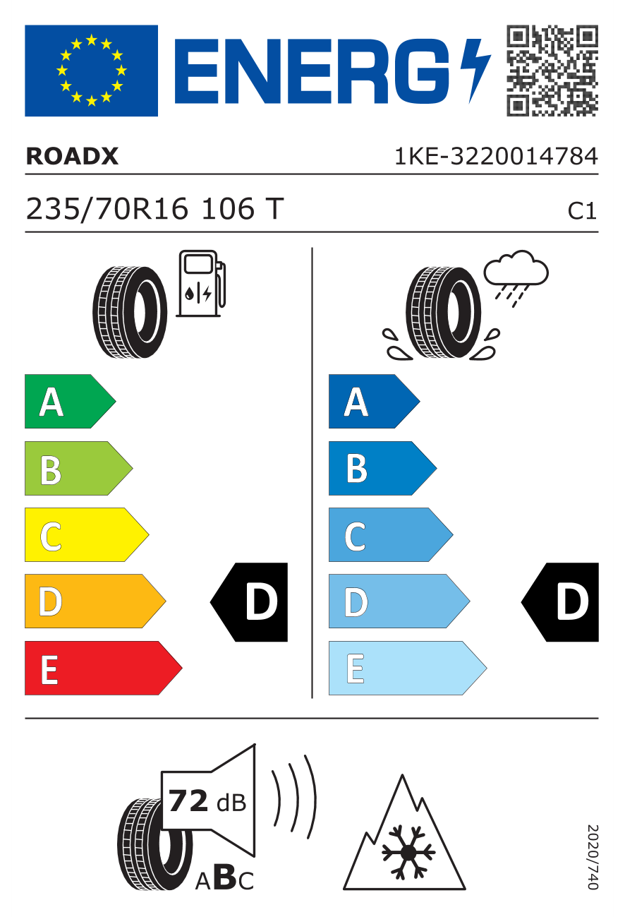 Eticheta energetică UE: Roadx Rxquest AT21 235/70 R16, consum D, frânare pe ud D, zgomot 72 dB