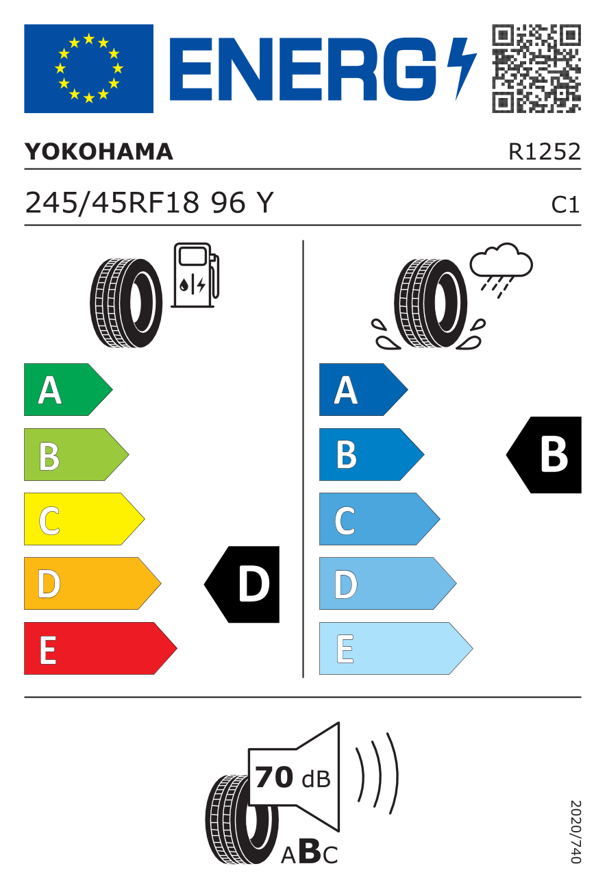Eticheta energetică UE: Yokohama Advan Sport V105 245/45 R18, consum D, frânare pe ud B, zgomot 70 dB
