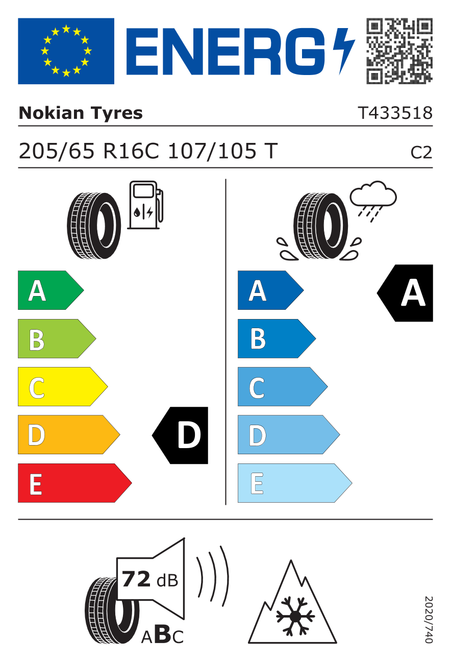 Eticheta energetică UE: Nokian Seasonproof C1 205/65 R16, consum D, frânare pe ud A, zgomot 72 dB