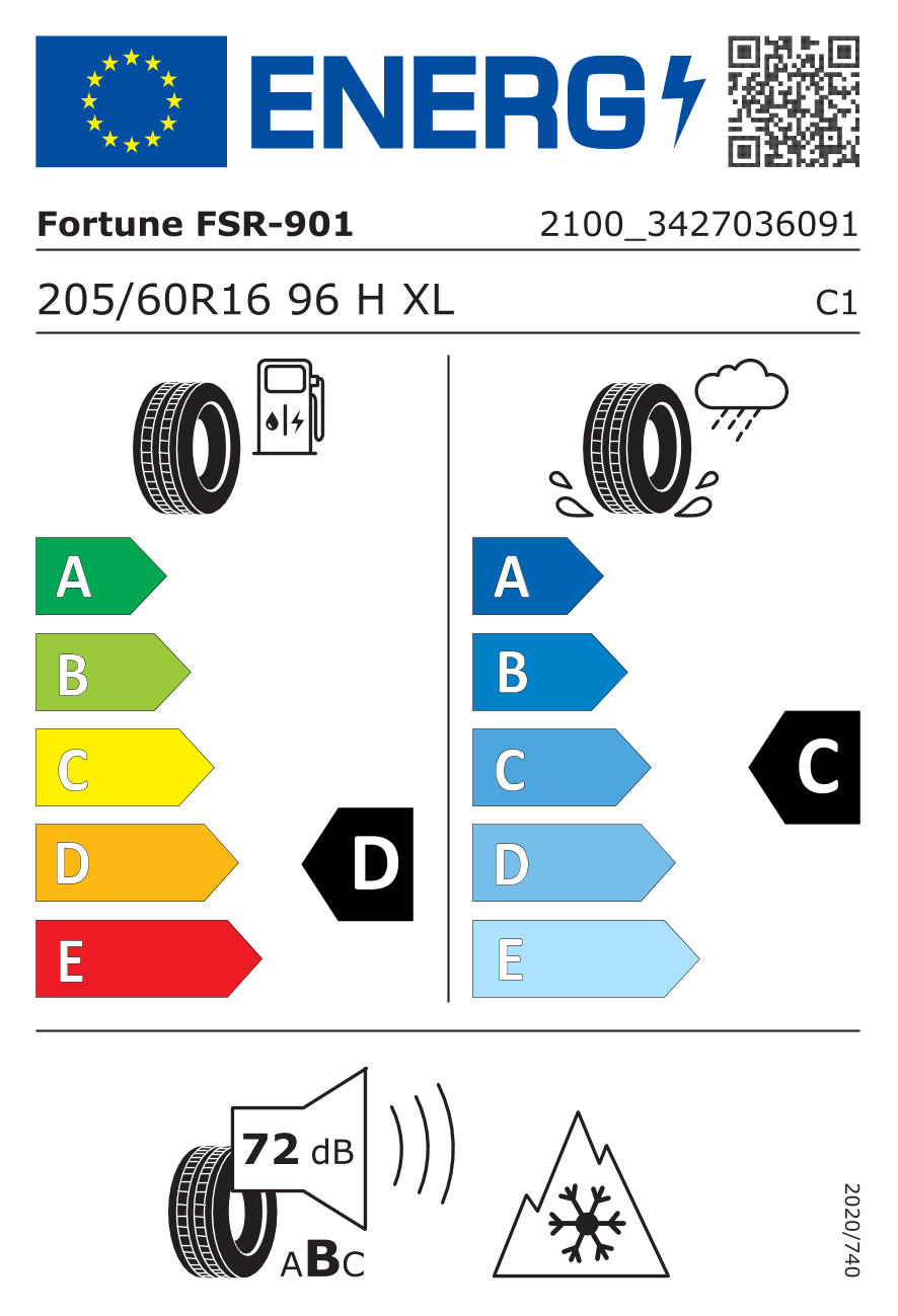 Eticheta energetică UE: Fortune Snowfun FSR-901 205/60 R16, consum D, frânare pe ud C, zgomot 72 dB