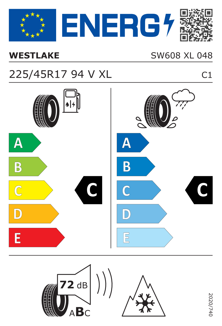Eticheta energetică UE: Westlake SW608 225/45 R17, consum C, frânare pe ud C, zgomot 72 dB