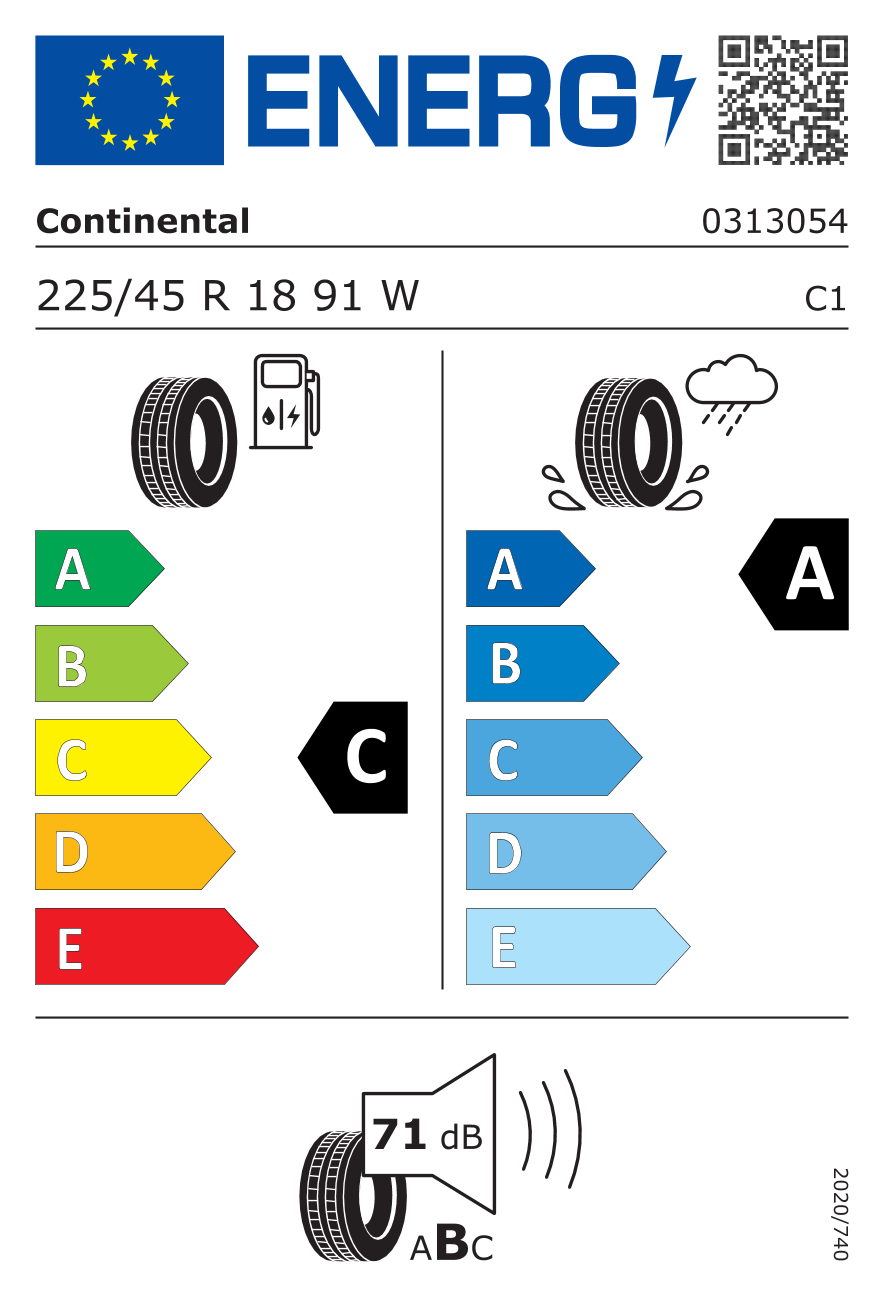 Eticheta energetică UE: Continental Premiumcontact 7 225/45 R18, consum C, frânare pe ud A, zgomot 71 dB
