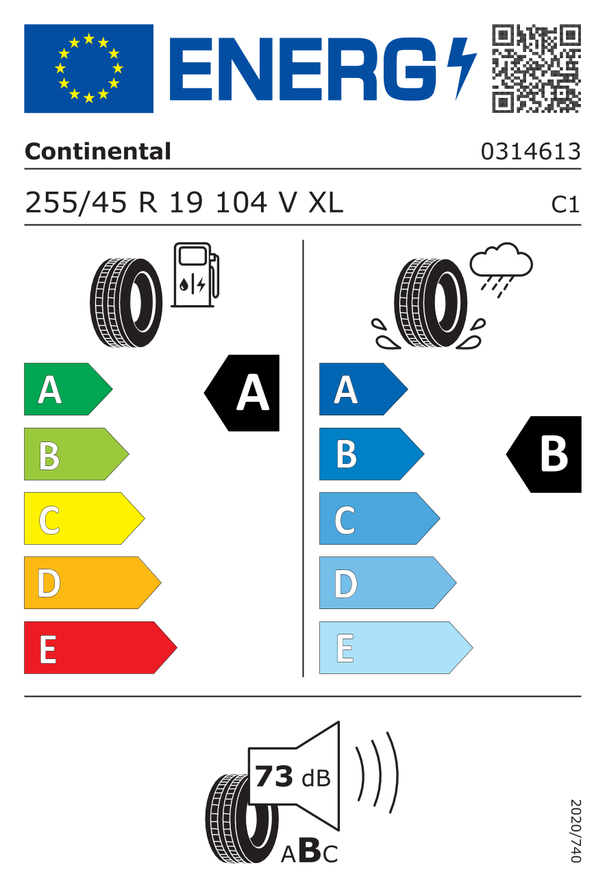 Eticheta energetică UE: Continental Sportcontact 7 255/45 R19, consum A, frânare pe ud B, zgomot 73 dB