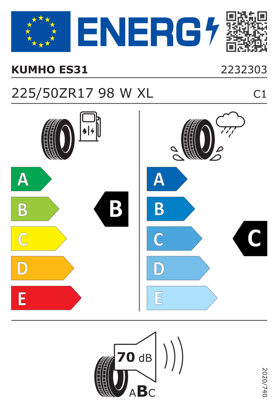 Eticheta energetică UE: Kumho Ecowing ES31 225/50 R17, consum B, frânare pe ud C, zgomot 70 dB