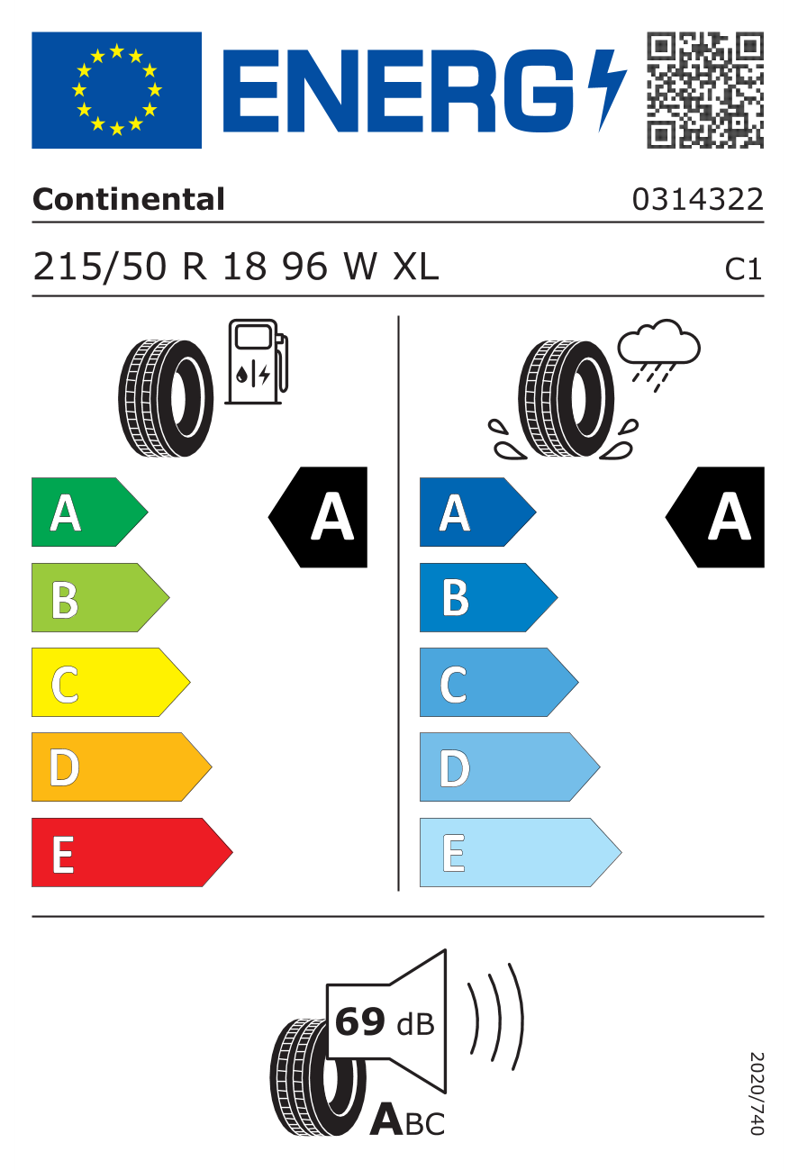Eticheta energetică UE: Continental Ultracontact NXT EV 215/50 R18, consum A, frânare pe ud A, zgomot 69 dB