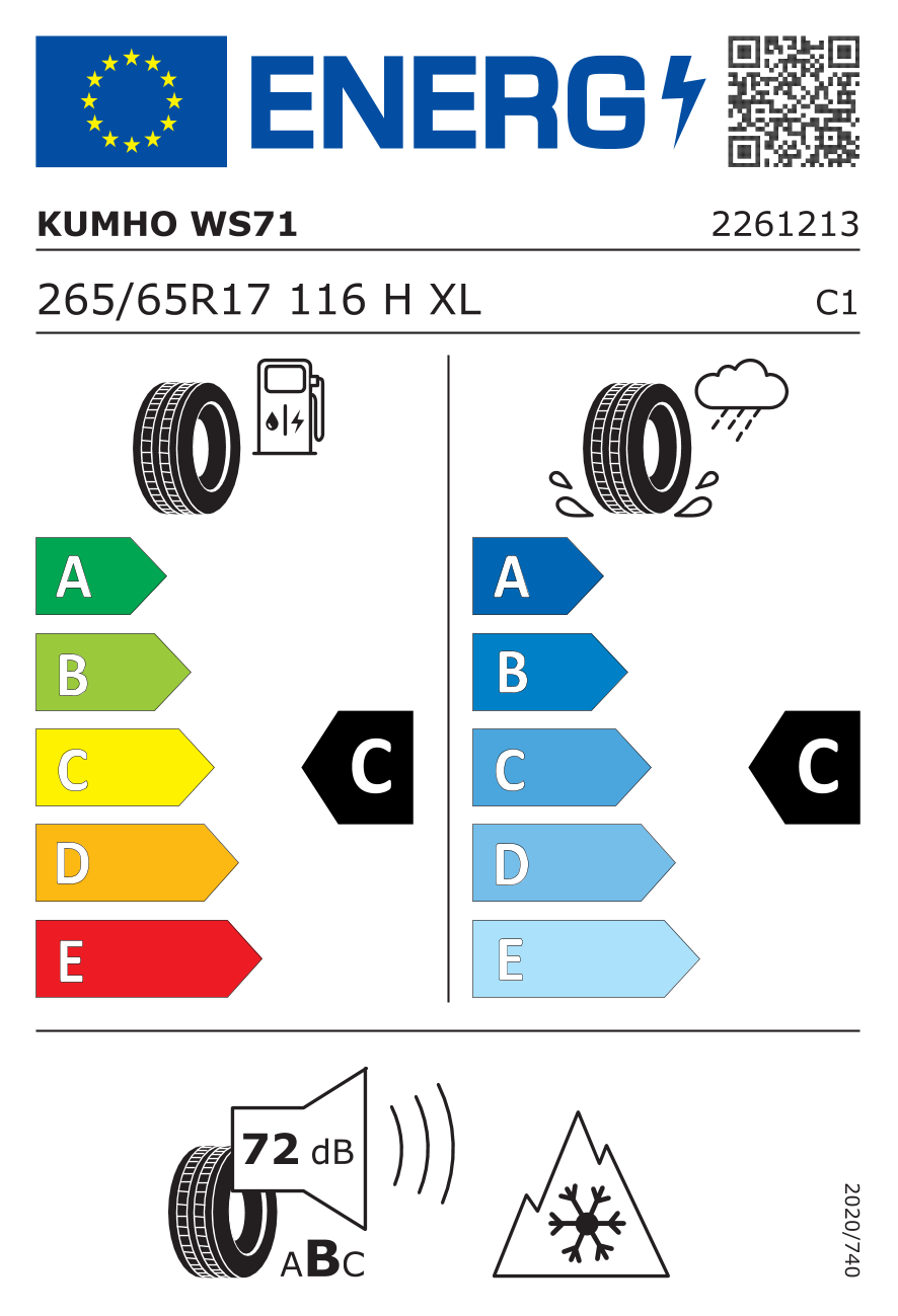 Eticheta energetică UE: Kumho Wintercraft WS71 265/65 R17, consum C, frânare pe ud C, zgomot 72 dB