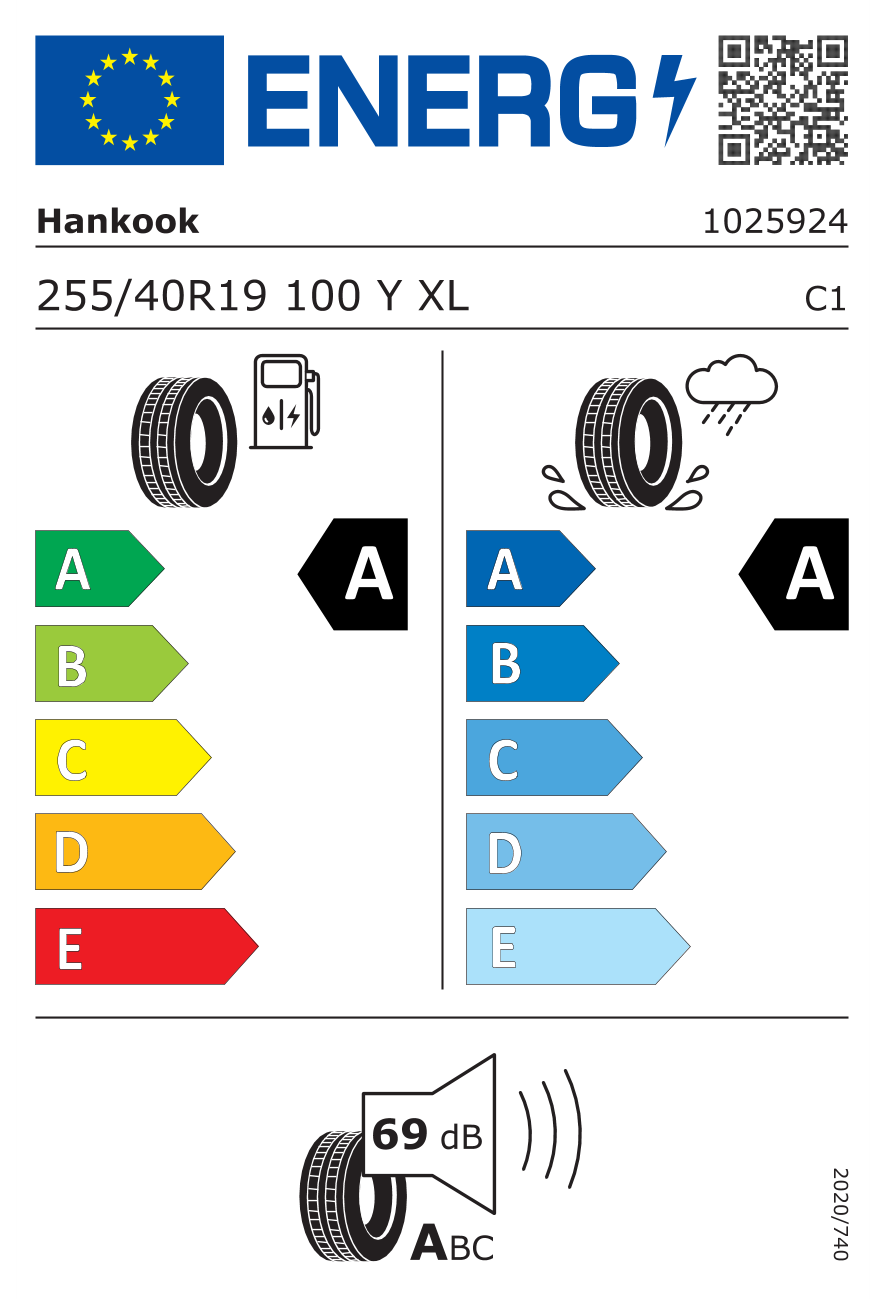 Eticheta energetică UE: Hankook K127 Ventus S1 EVO3 255/40 R19, consum A, frânare pe ud A, zgomot 69 dB
