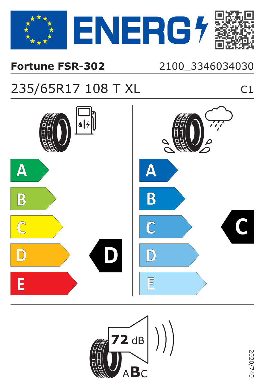 Eticheta energetică UE: Fortune FSR-302 235/65 R17, consum D, frânare pe ud C, zgomot 72 dB