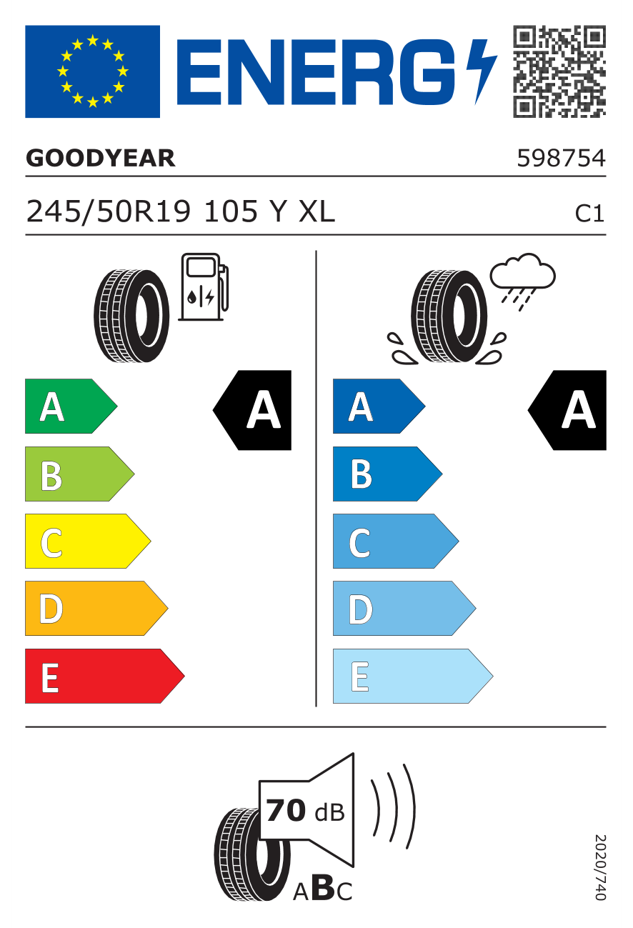 Eticheta energetică UE: Goodyear Eagle F1 Asymmetric 6 245/50 R19, consum A, frânare pe ud A, zgomot 70 dB