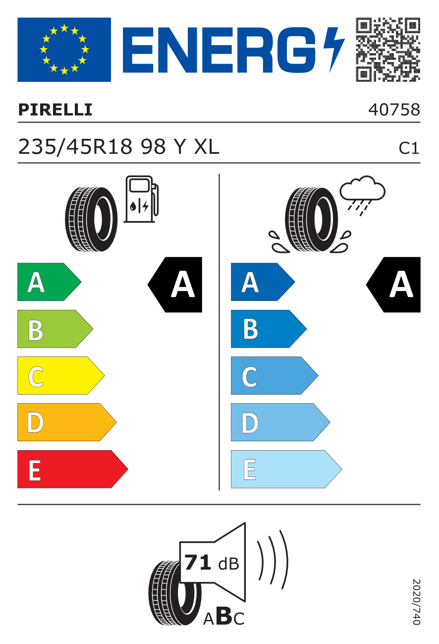 Eticheta energetică UE: Pirelli Cinturato P7 2 235/45 R18, consum A, frânare pe ud A, zgomot 71 dB