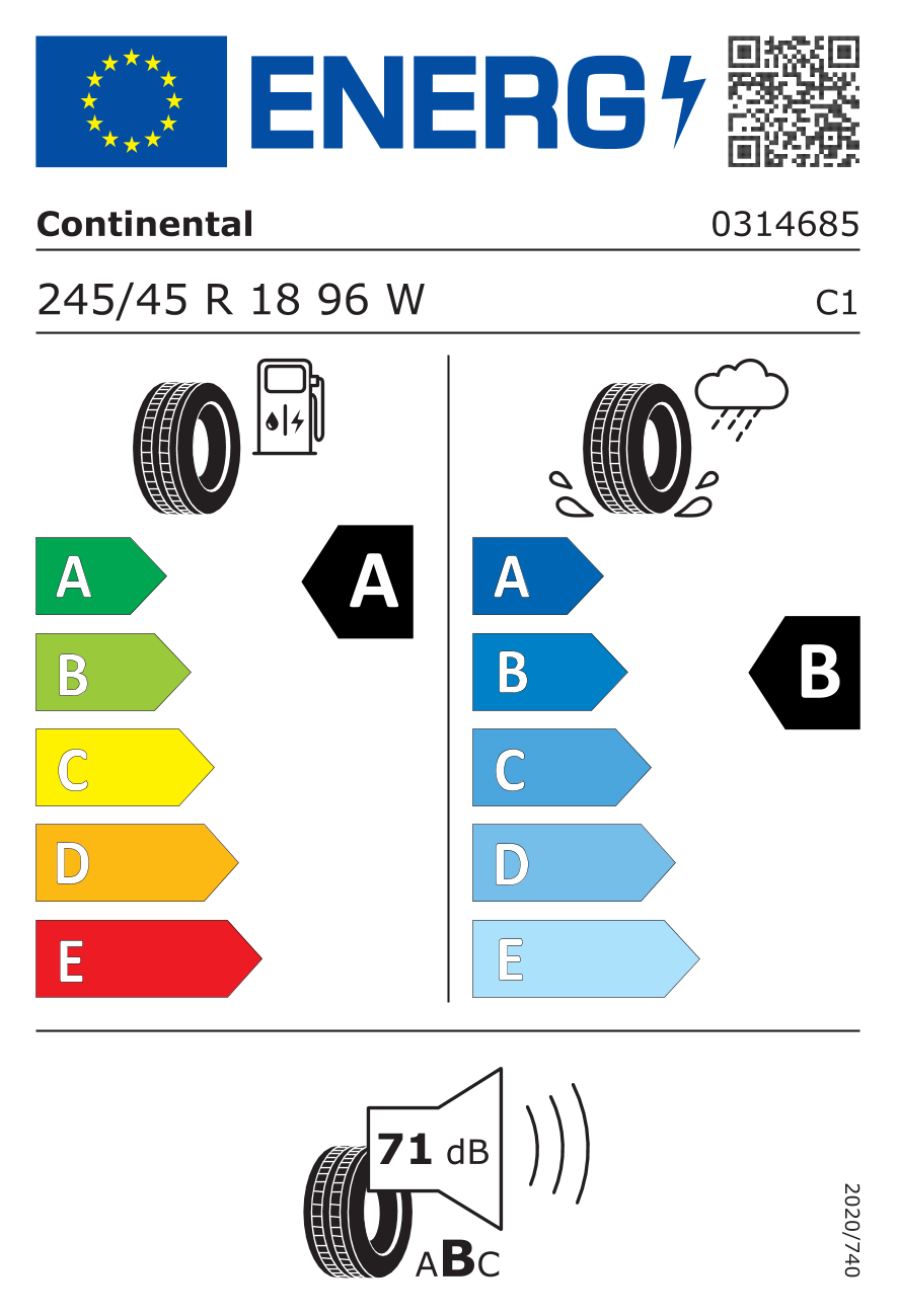 Eticheta energetică UE: Continental Ecocontact 6 245/45 R18, consum A, frânare pe ud B, zgomot 71 dB