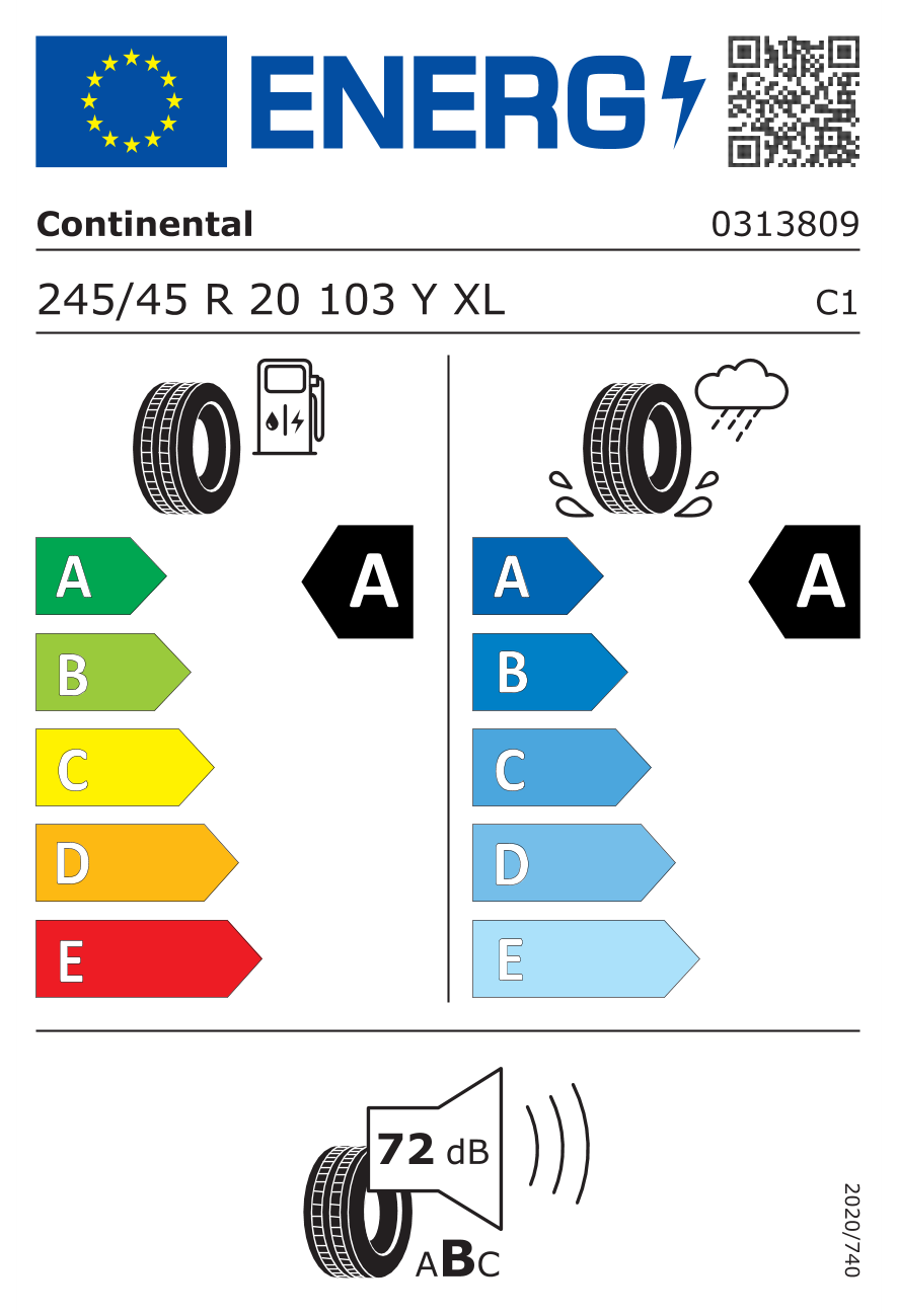 Eticheta energetică UE: Continental Sportcontact 7 245/45 R20, consum A, frânare pe ud A, zgomot 72 dB