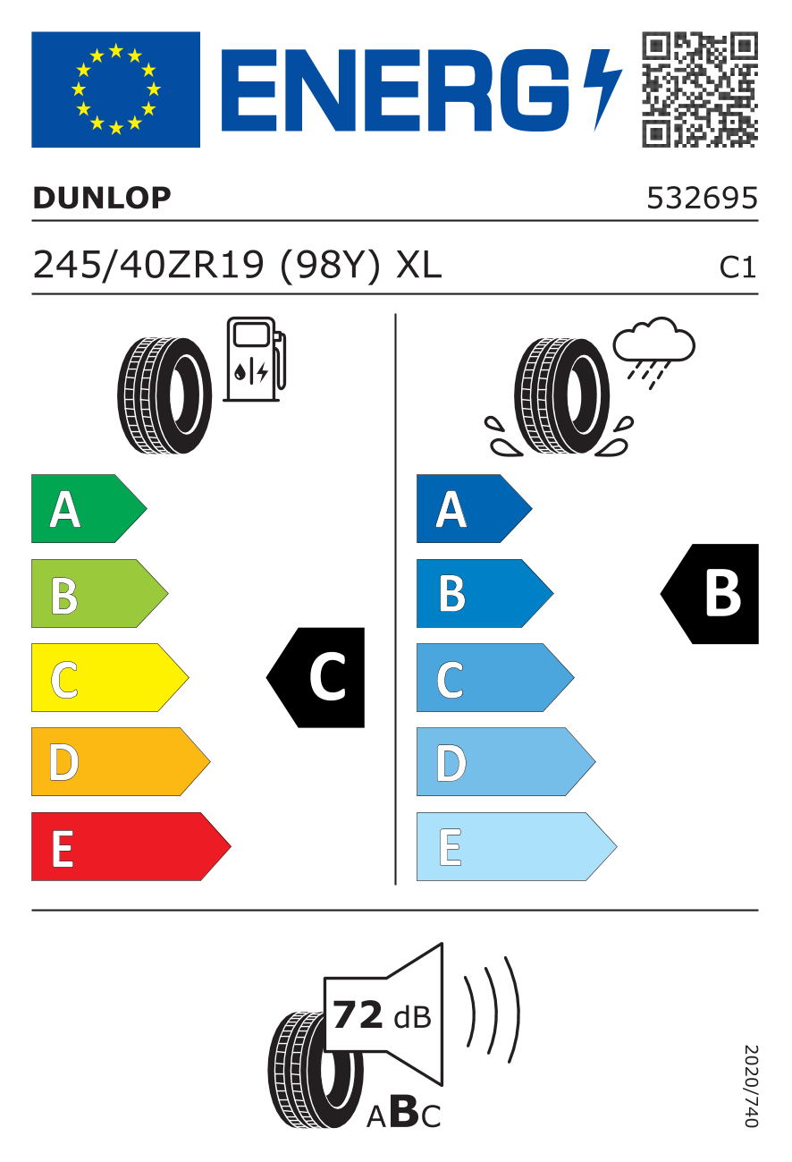 Eticheta energetică UE: Dunlop SP Sport Maxx RT 2 245/40 R19, consum C, frânare pe ud B, zgomot 72 dB