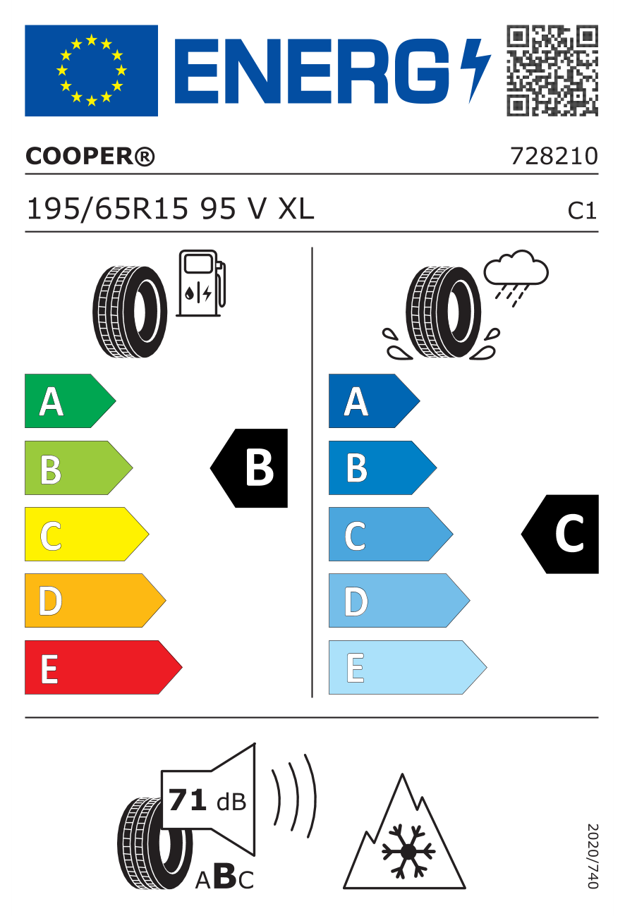 Eticheta energetică UE: Cooper All Season 195/65 R15, consum B, frânare pe ud C, zgomot 71 dB