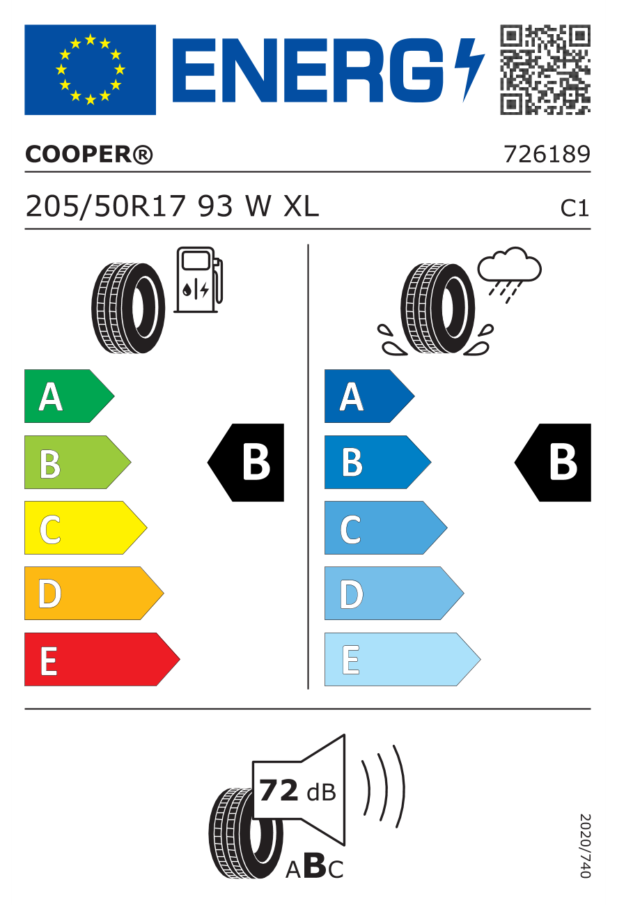 Eticheta energetică UE: Cooper Summer 205/50 R17, consum B, frânare pe ud B, zgomot 72 dB