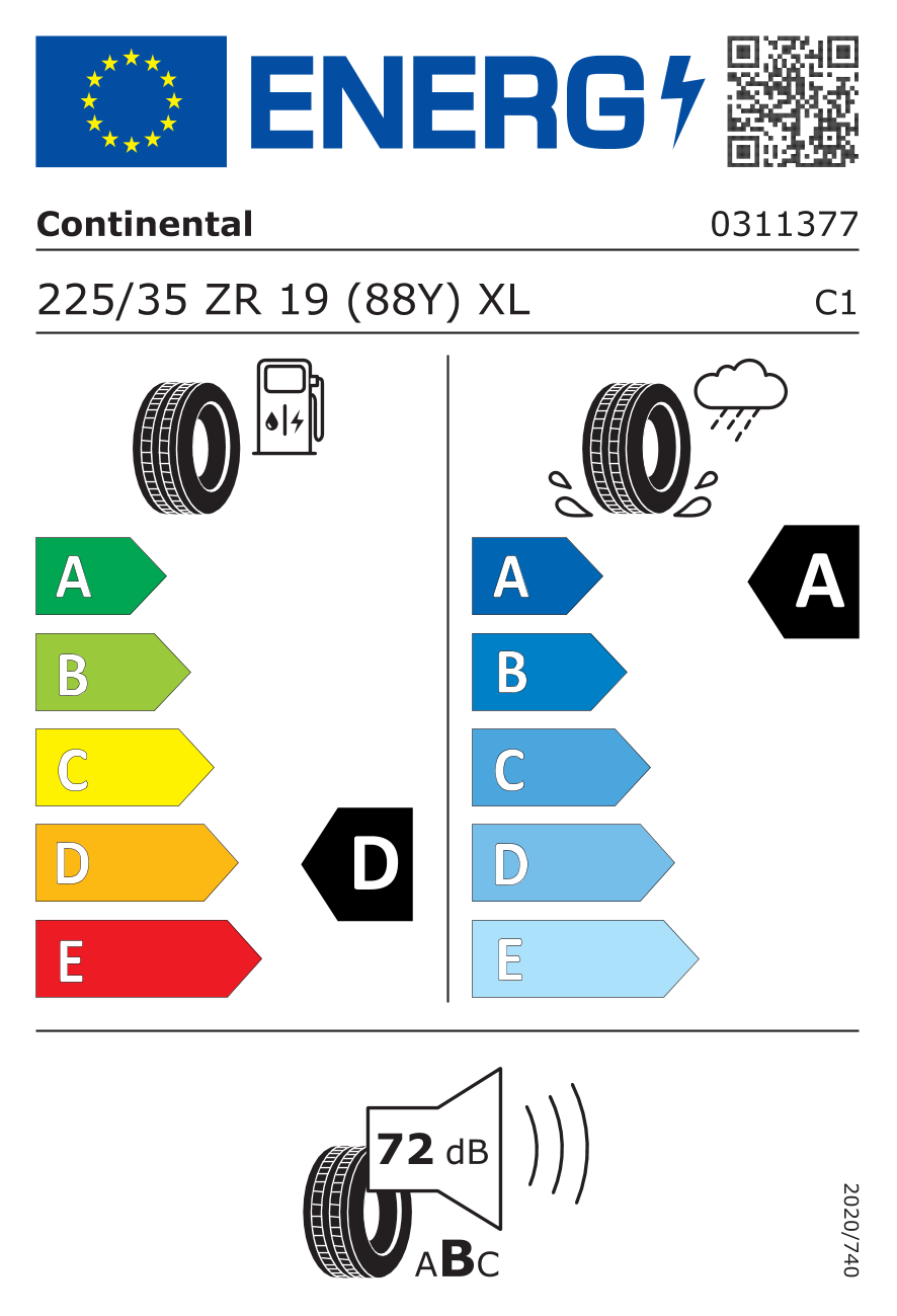 Eticheta energetică UE: Continental Sportcontact 7 225/35 R19, consum D, frânare pe ud A, zgomot 72 dB
