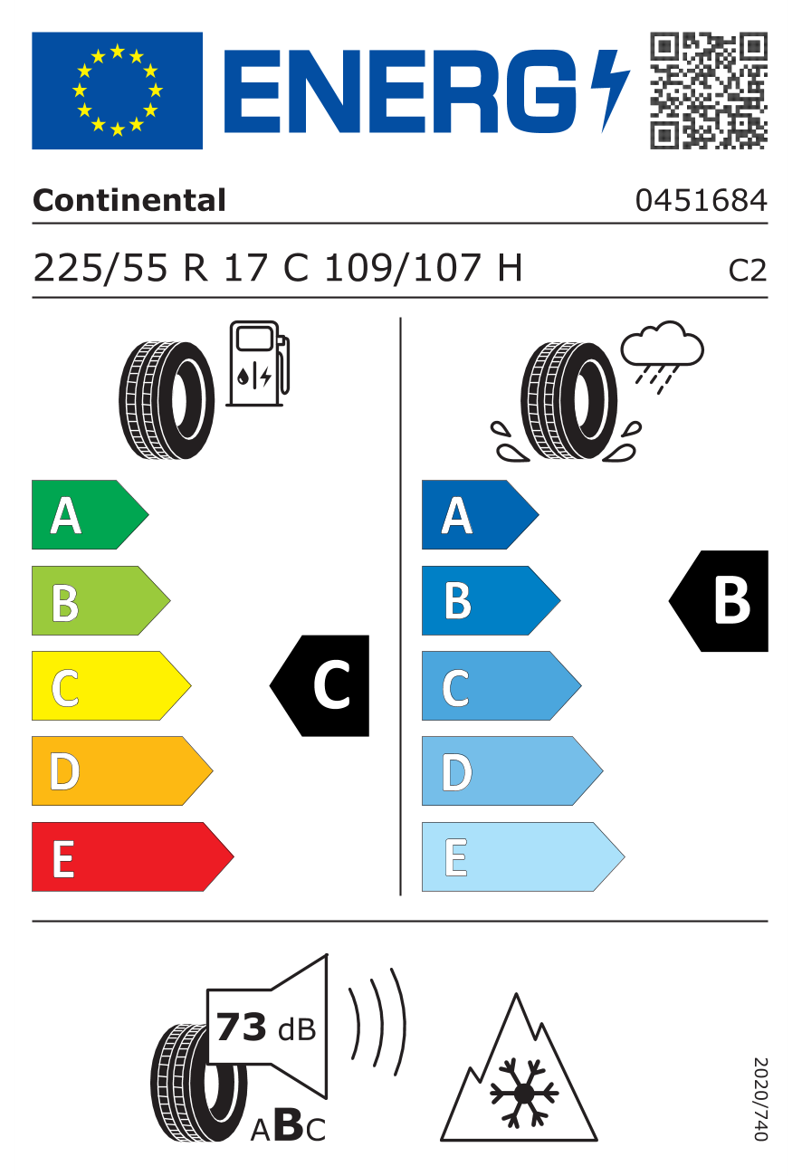 Eticheta energetică UE: Continental Vancontact 4SEASON 225/55 R17, consum C, frânare pe ud B, zgomot 73 dB