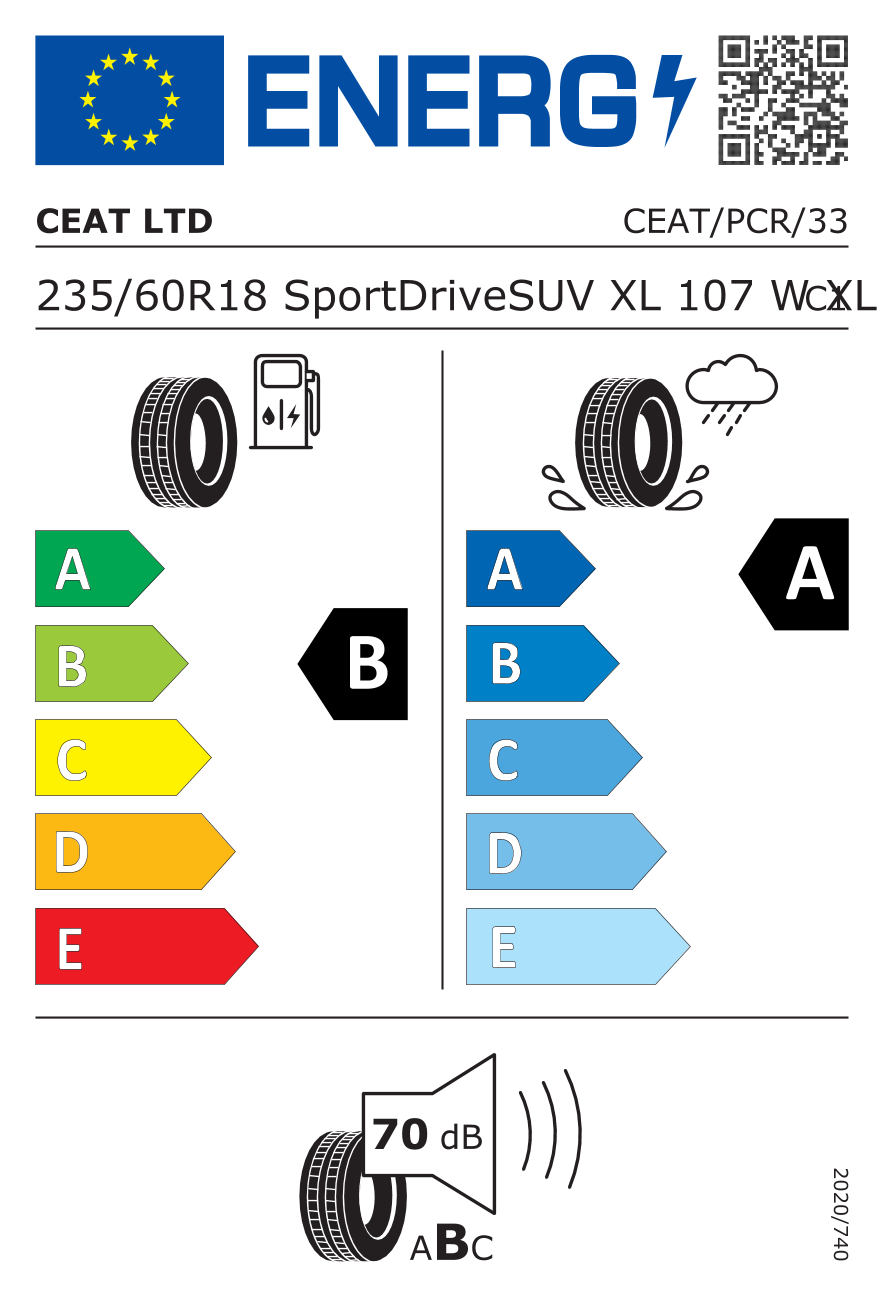 Eticheta energetică UE: Ceat Sport Drive SUV 235/60 R18, consum B, frânare pe ud A, zgomot 70 dB