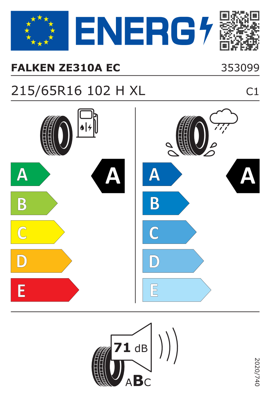 Eticheta energetică UE: Falken Ziex ZE310AEC 215/65 R16, consum A, frânare pe ud A, zgomot 71 dB